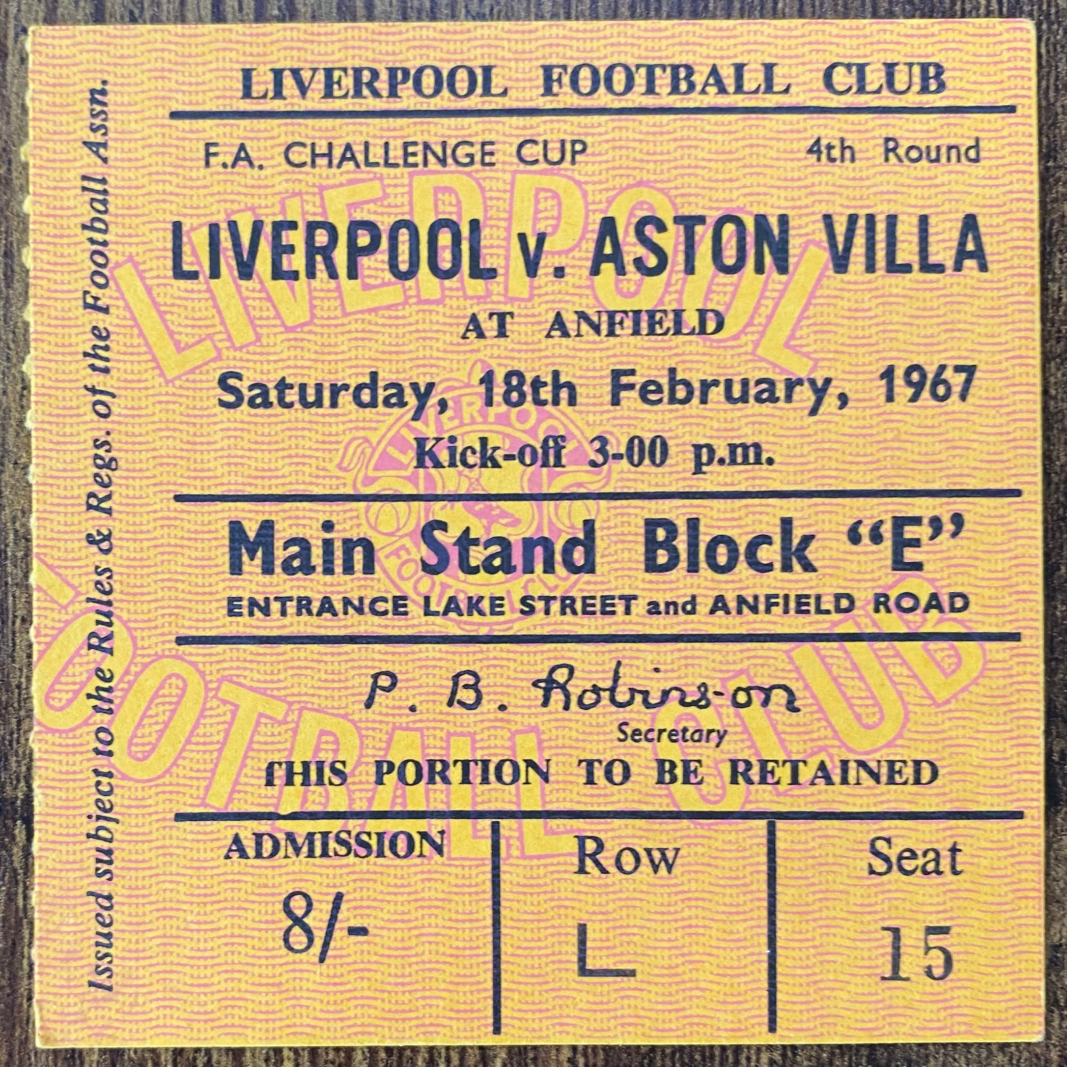1966/67 ORIGINAL FA CUP 4TH ROUND TICKET LIVERPOOL V ASTON VILLA