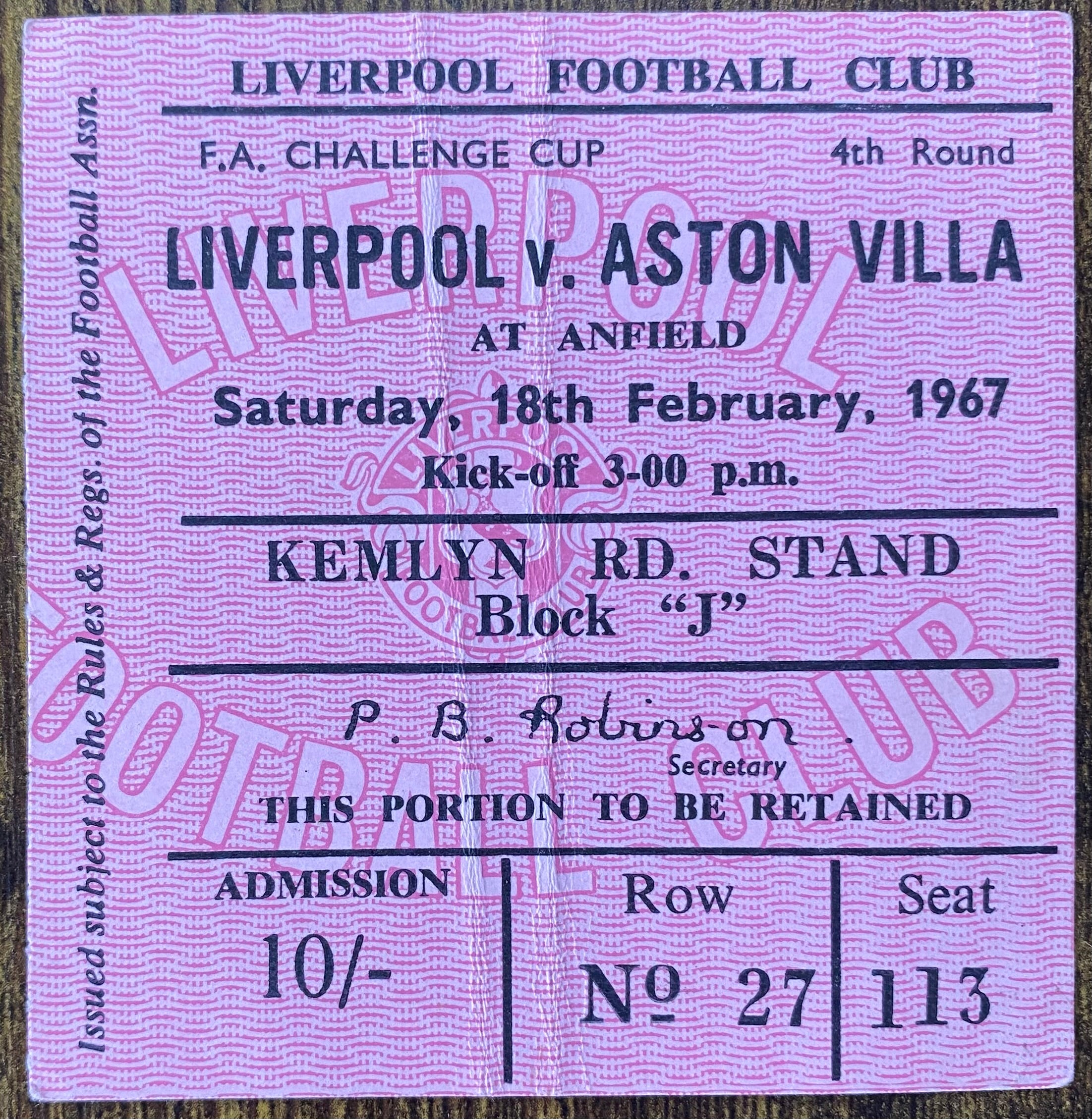 1966/67 ORIGINAL FA CUP 4TH ROUND TICKET LIVERPOOL V ASTON VILLA