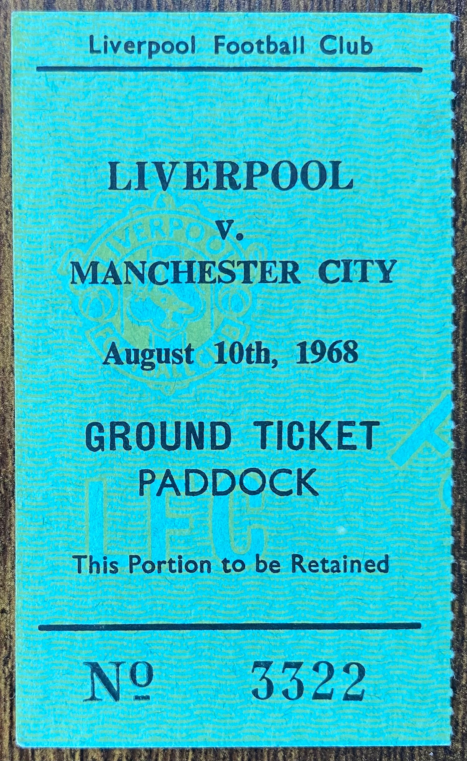 1968/69 ORIGINAL DIVISION ONE TICKET LIVERPOOL V MANCHESTER CITY