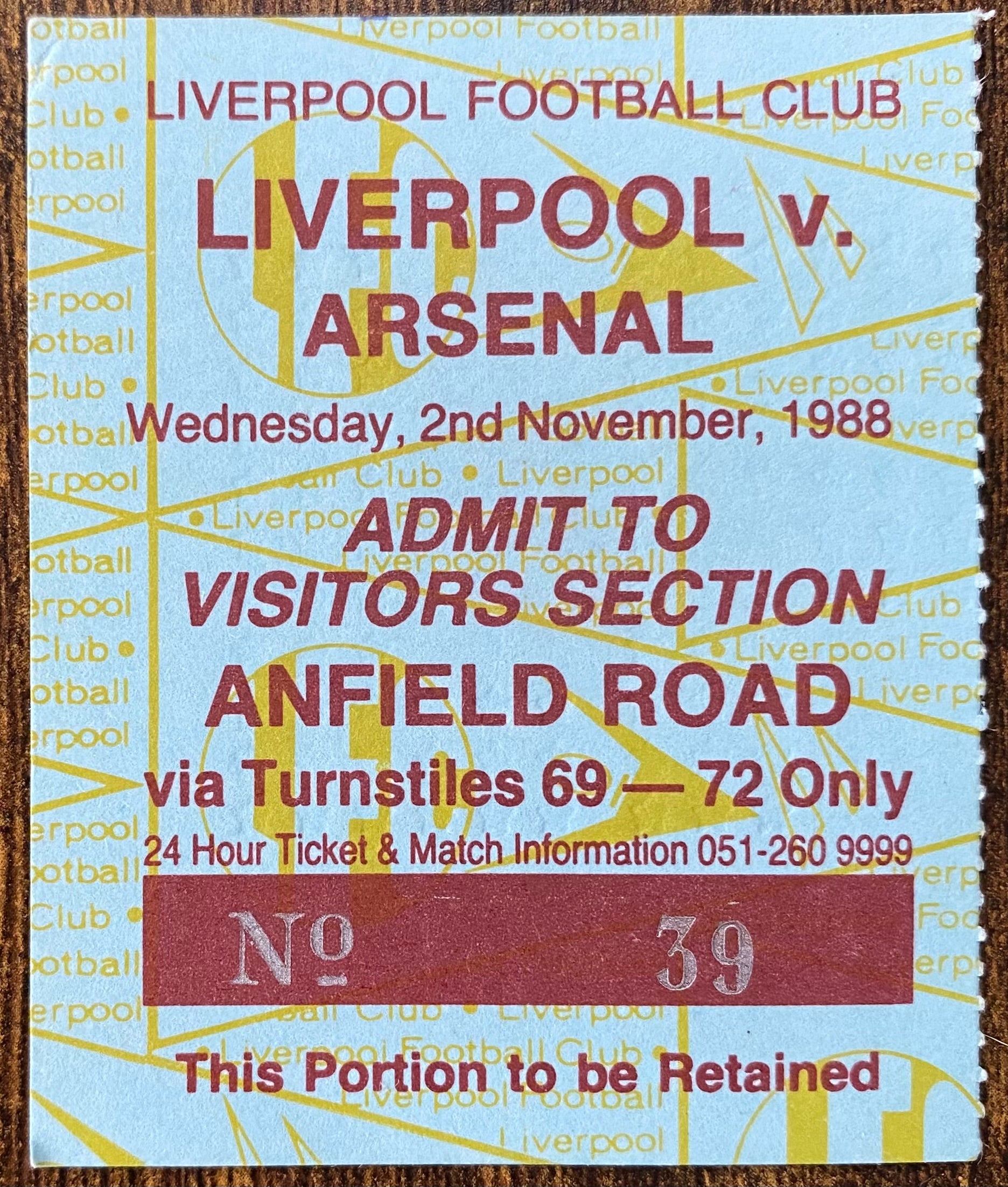 1988/89 ORIGINAL LITTLEWOODS CUP 3RD ROUND TICKET LIVERPOOL V ARSENAL