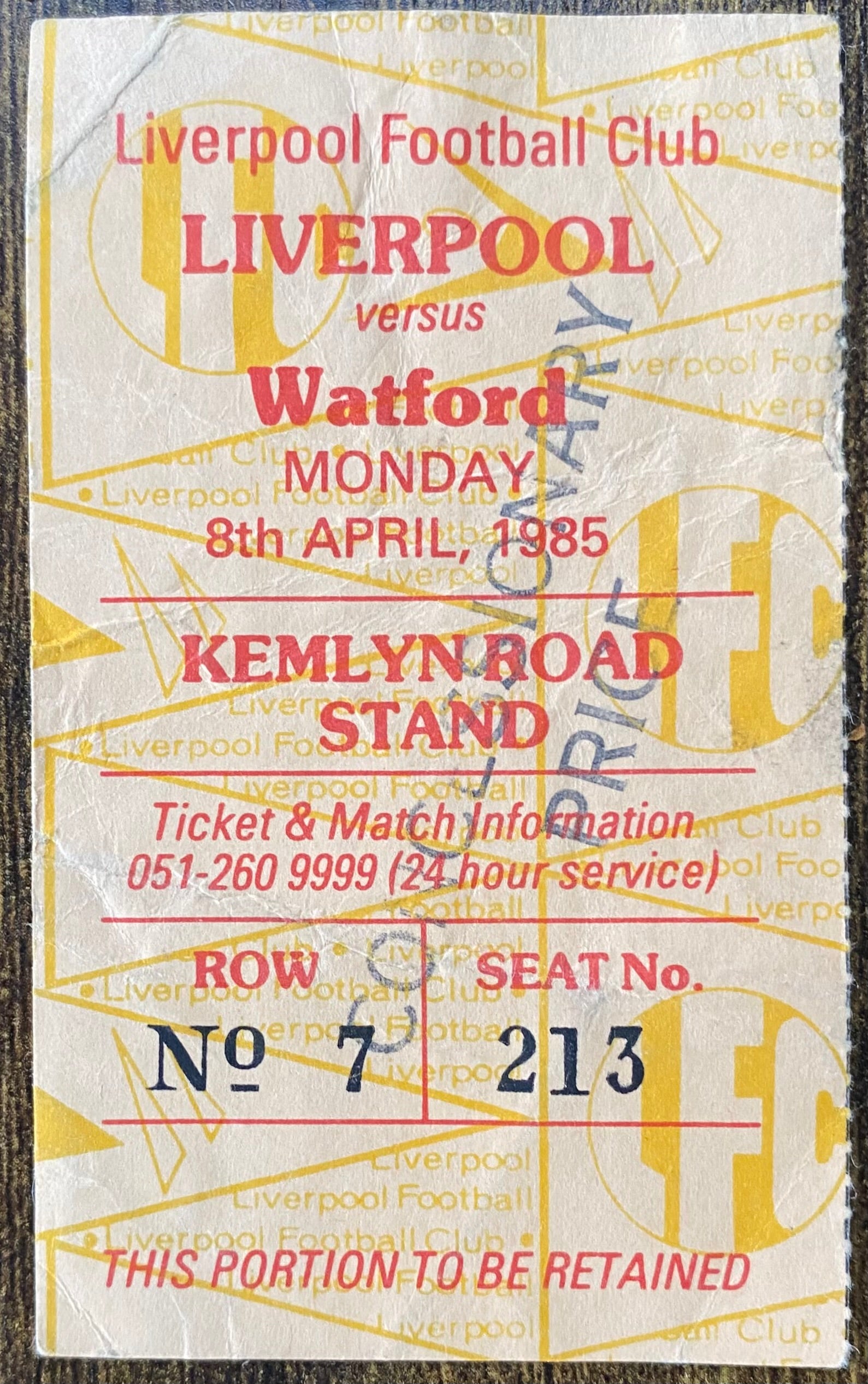 1984/85 ORIGINAL DIVISION ONE TICKET LIVERPOOL V WATFORD