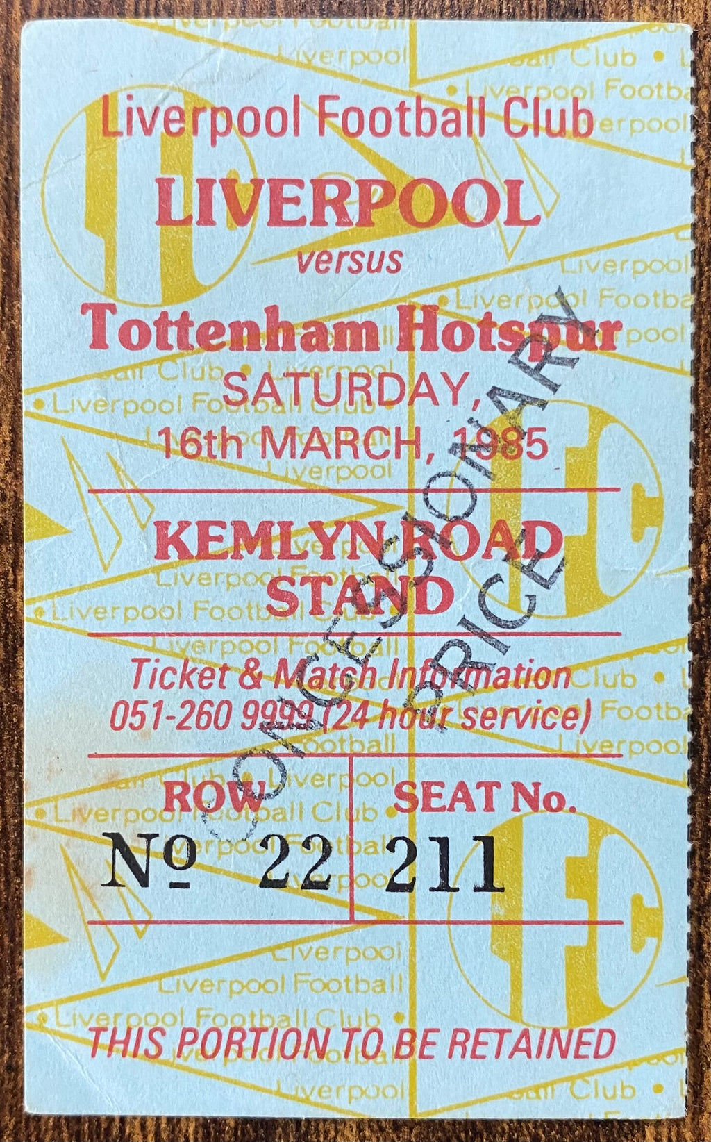 1984/85 ORIGINAL DIVISION ONE TICKET LIVERPOOL V TOTTENHAM HOTSPUR