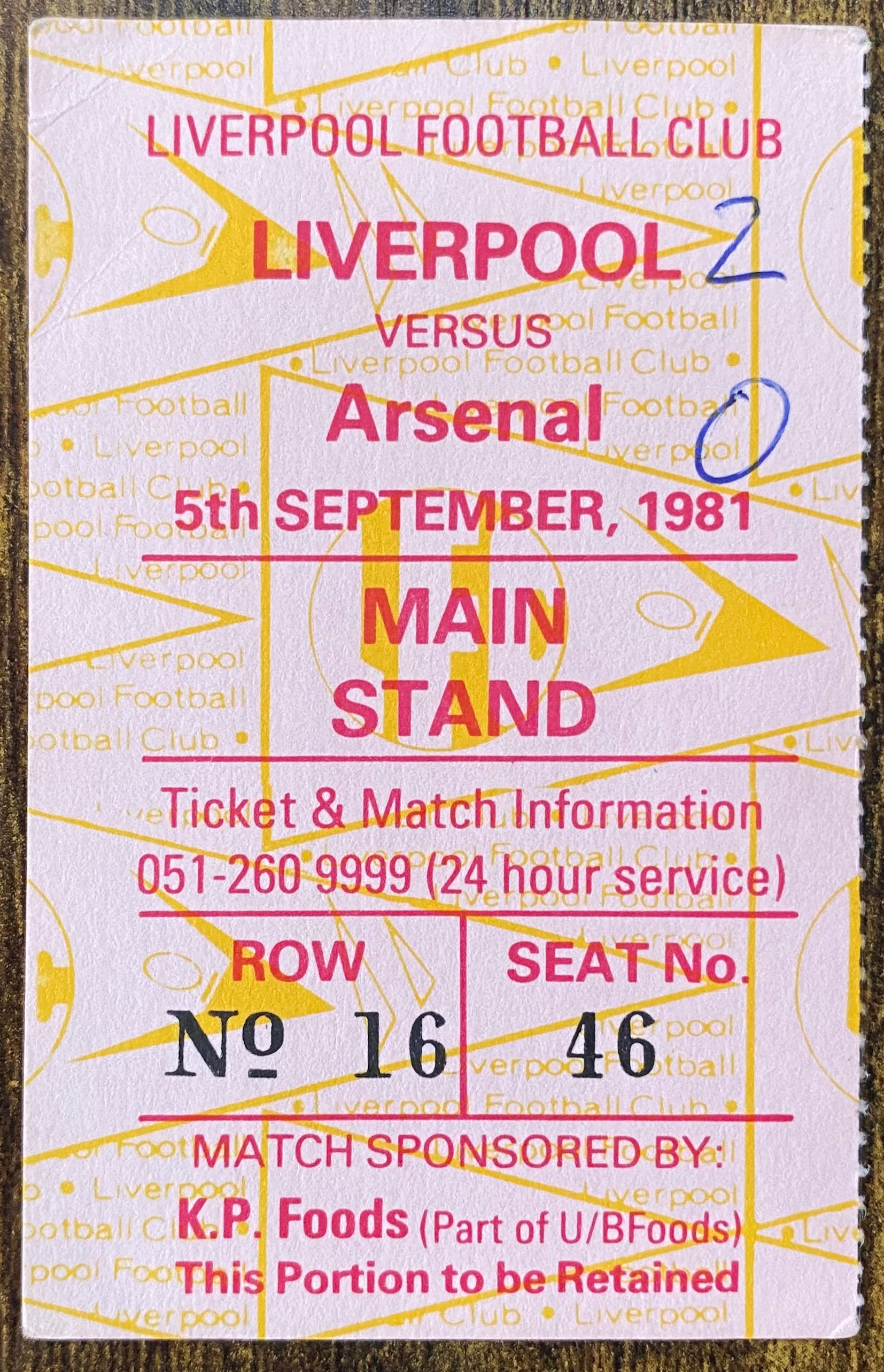 1981/82 ORIGINAL DIVISION ONE TICKET LIVERPOOL V ARSENAL