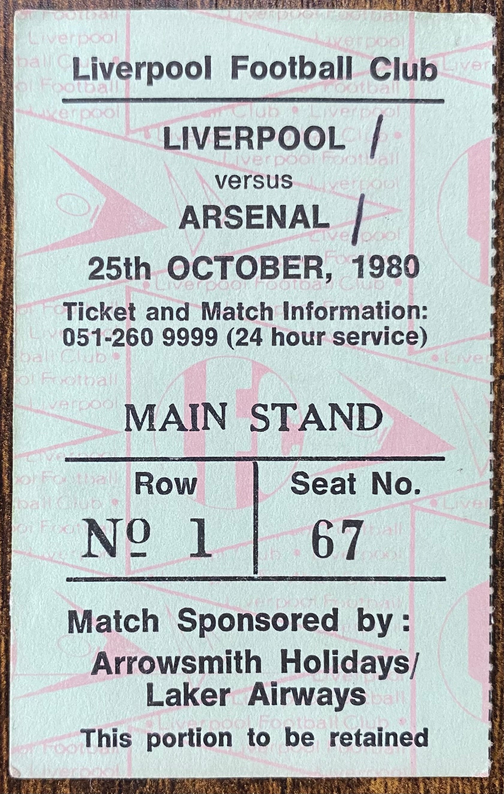 1980/81 ORIGINAL DIVISION ONE TICKET LIVERPOOL V ARSENAL