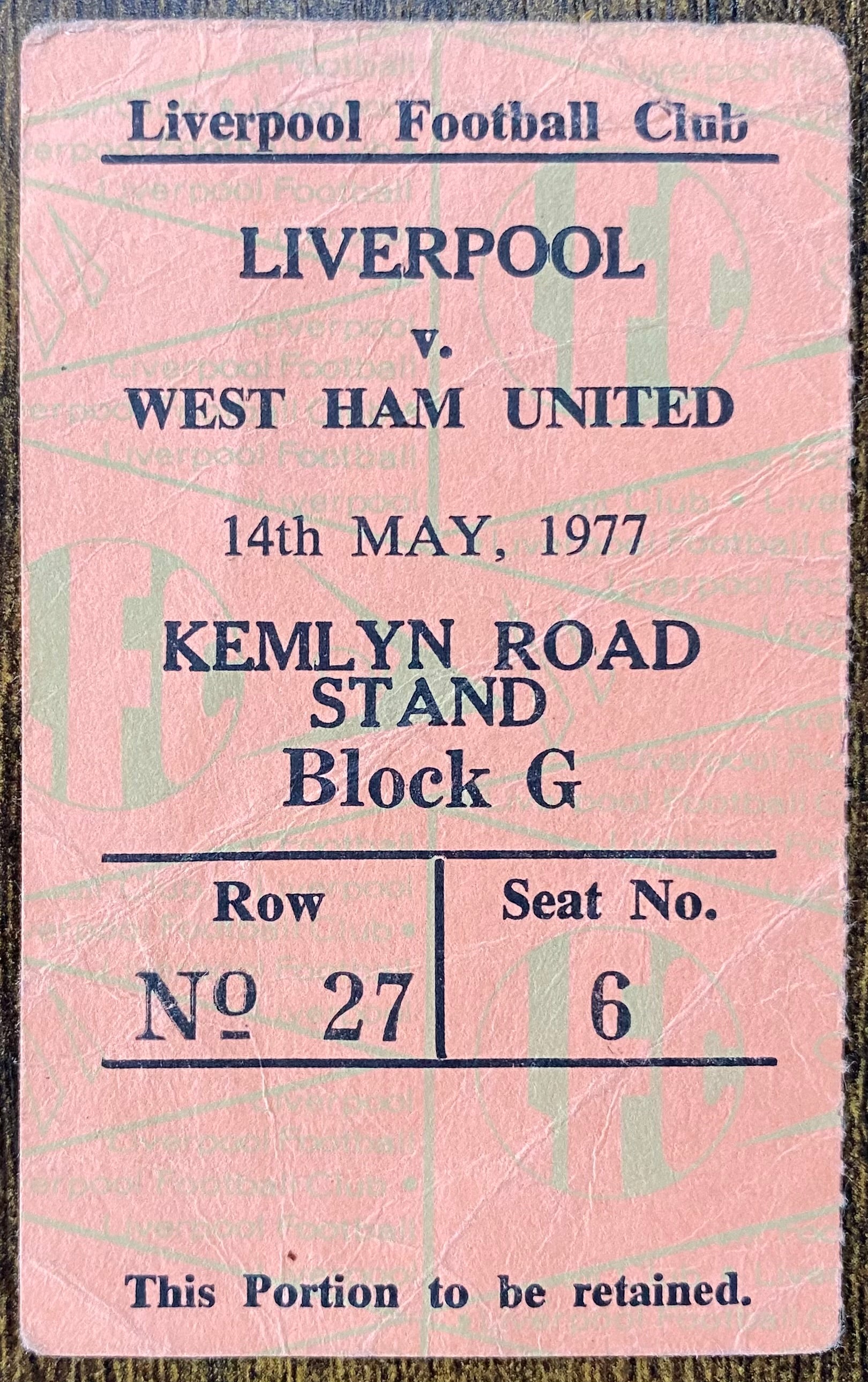 1976/77 ORIGINAL DIVISION ONE TICKET LIVERPOOL V WEST HAM UNITED