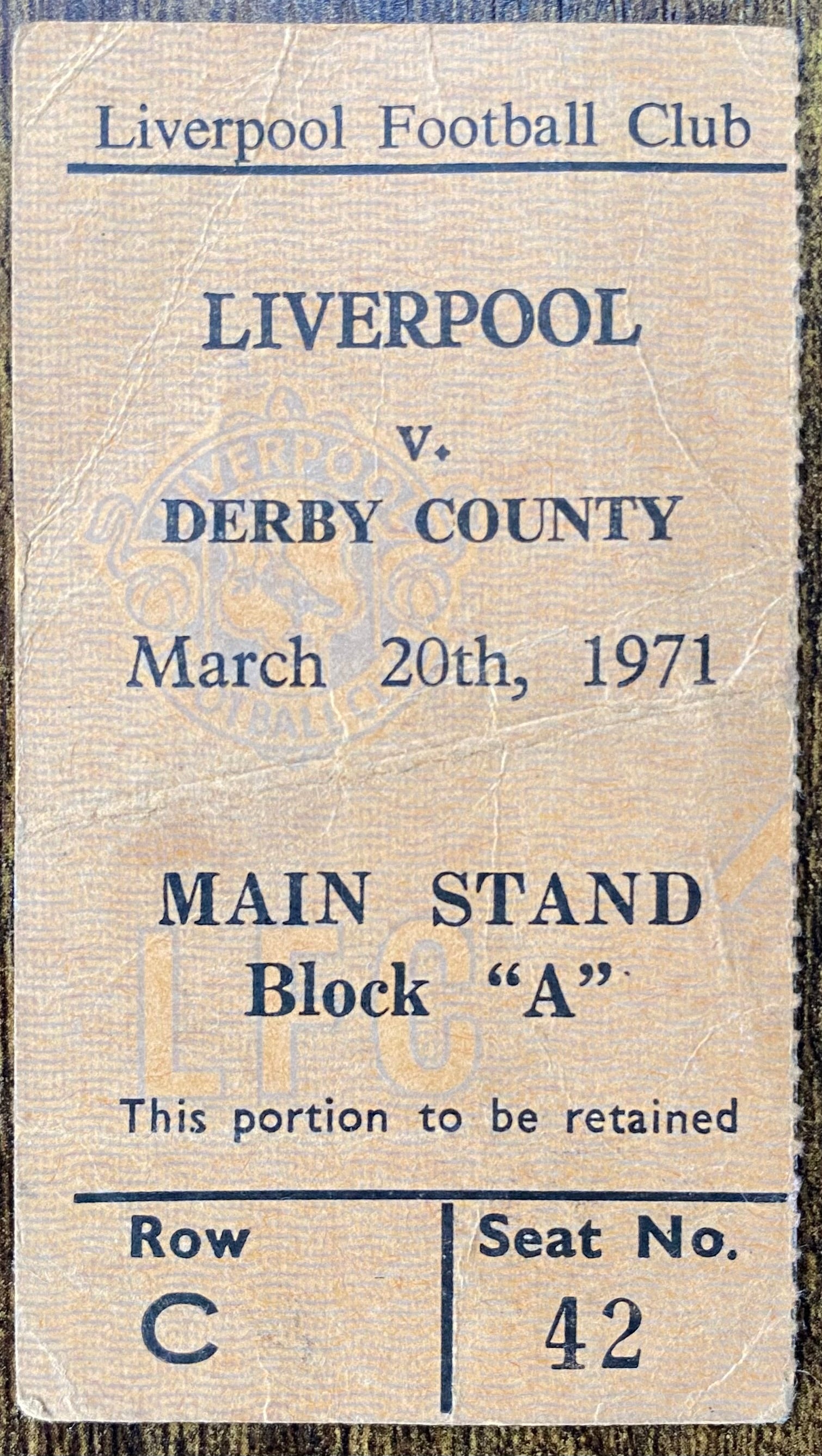 1970/71 ORIGINAL DIVISION ONE TICKET LIVERPOOL V DERBY COUNTY