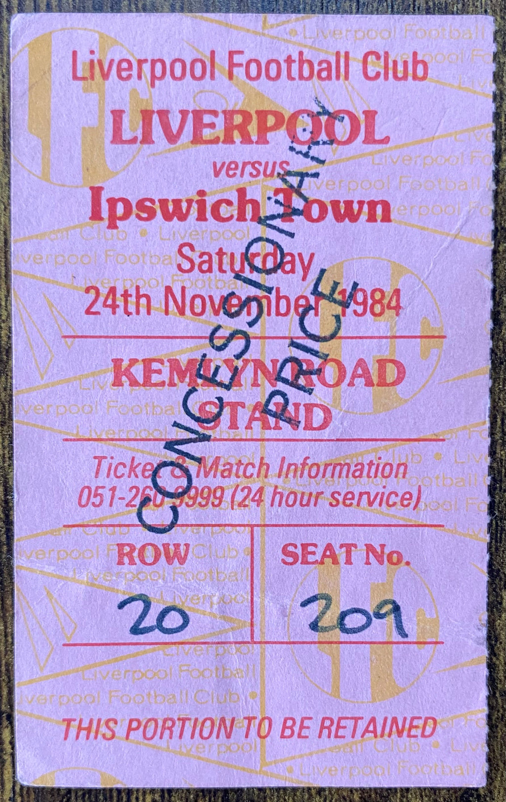 1984/85 ORIGINAL DIVISION ONE TICKET LIVERPOOL V IPSWICH TOWN