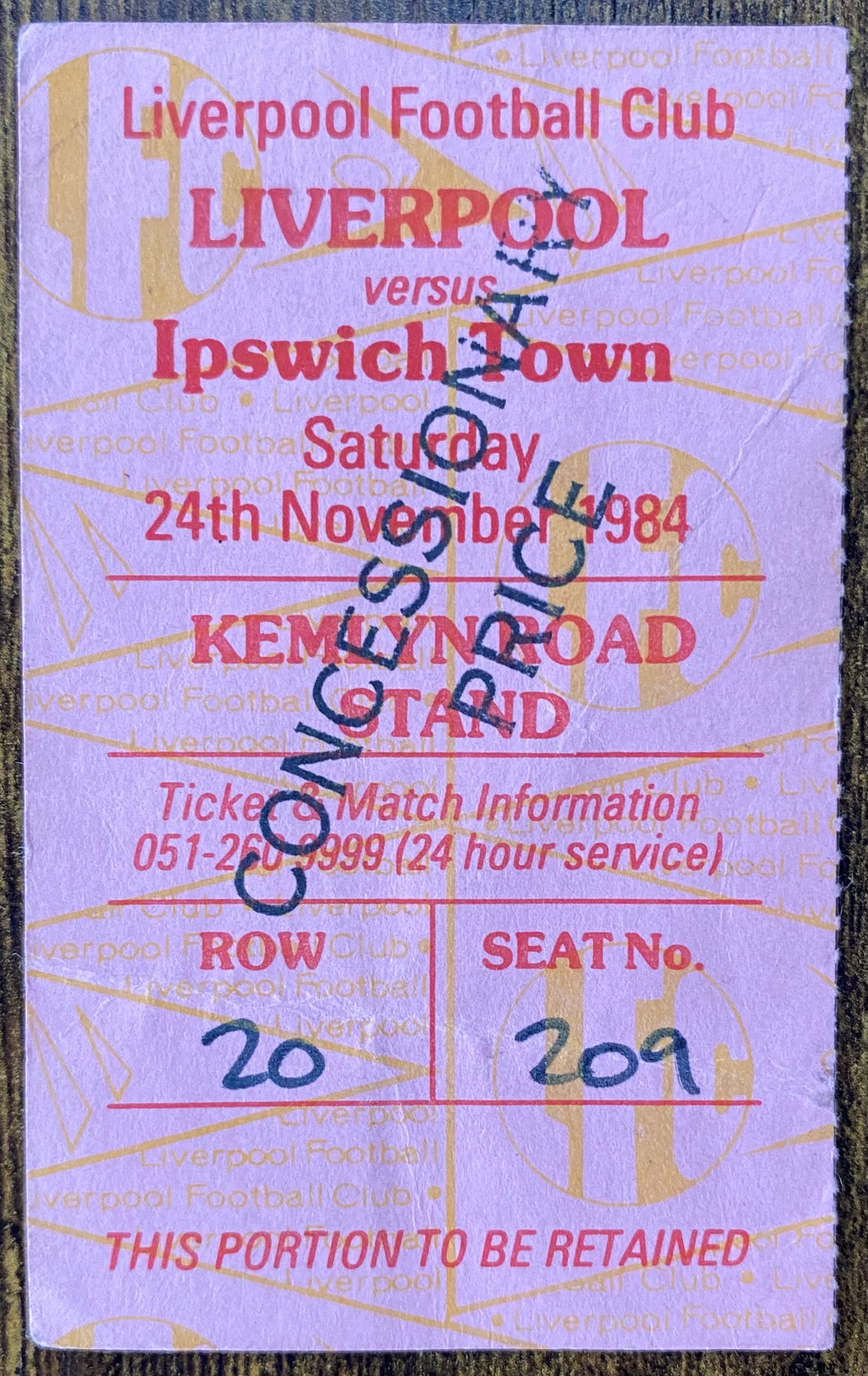 1984/85 ORIGINAL DIVISION ONE TICKET LIVERPOOL V IPSWICH TOWN