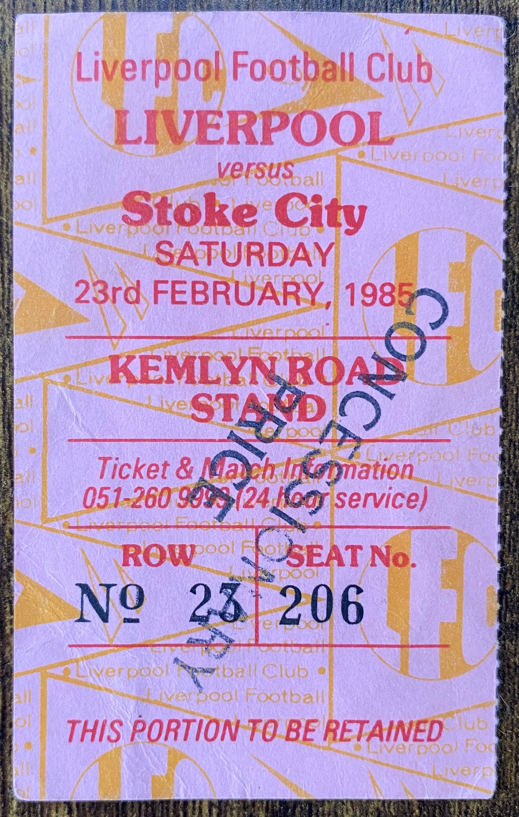 1984/85 ORIGINAL DIVISION ONE TICKET LIVERPOOL V STOKE CITY