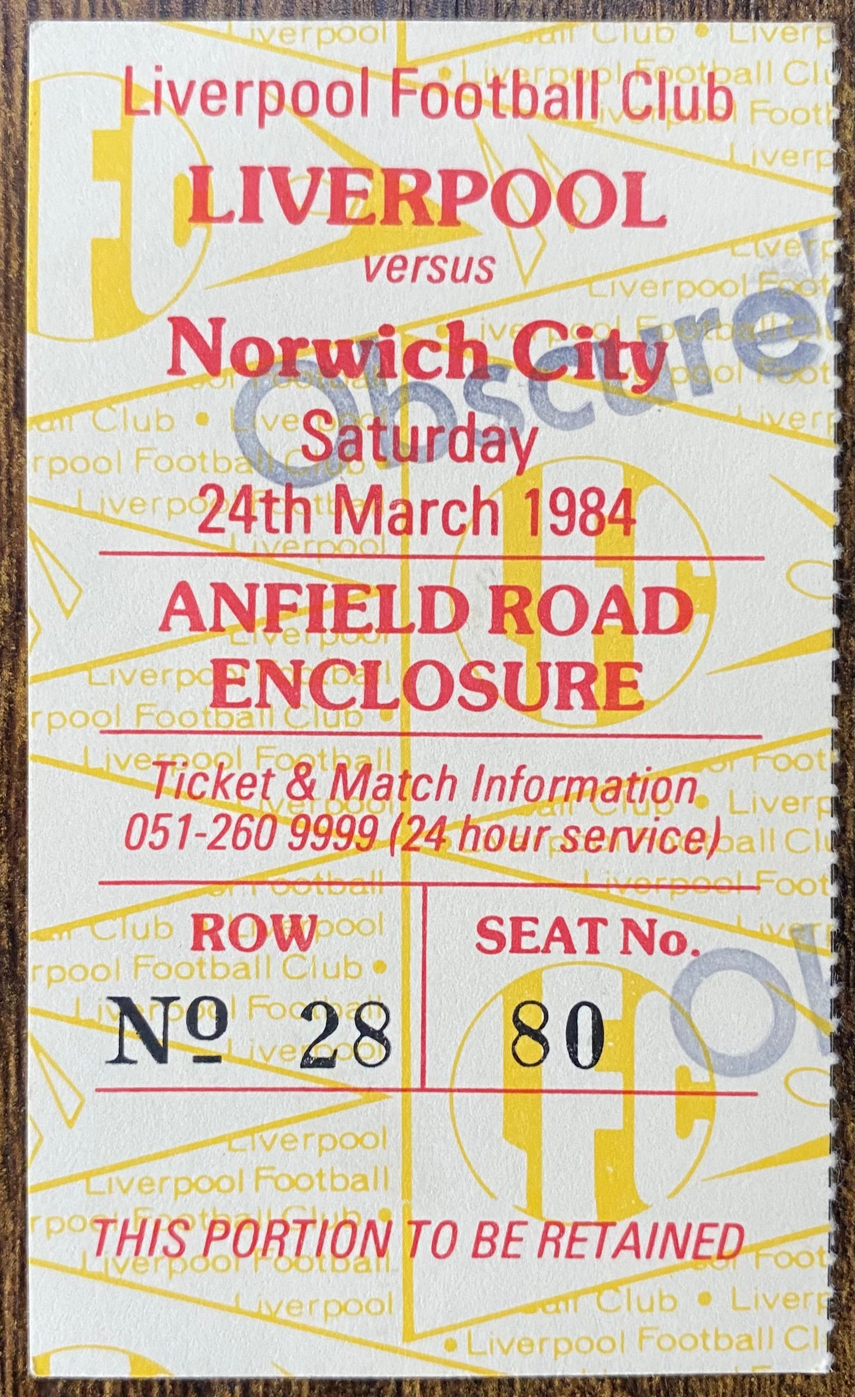 1983/84 ORIGINAL DIVISION ONE TICKET LIVERPOOL V NORWICH CITY