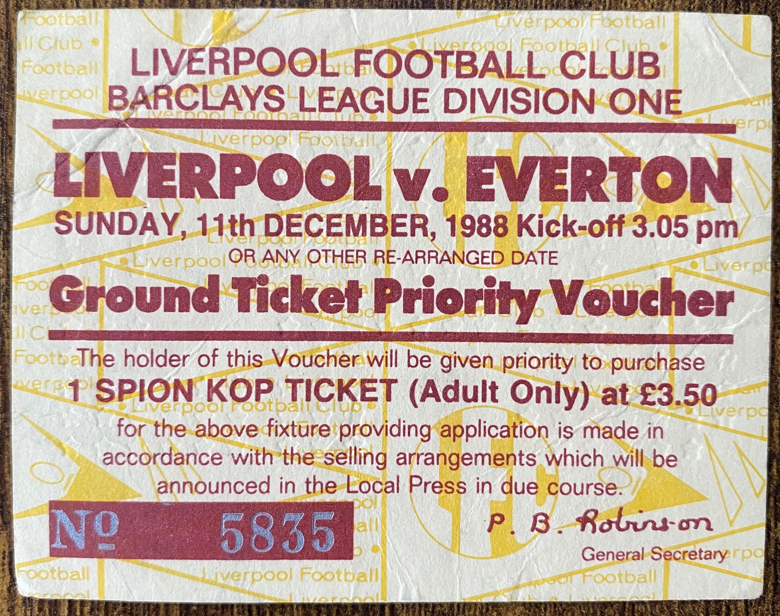 1988/89 ORIGINAL DIVISION ONE TICKET LIVERPOOL V EVERTON PRIORITY VOUCHER