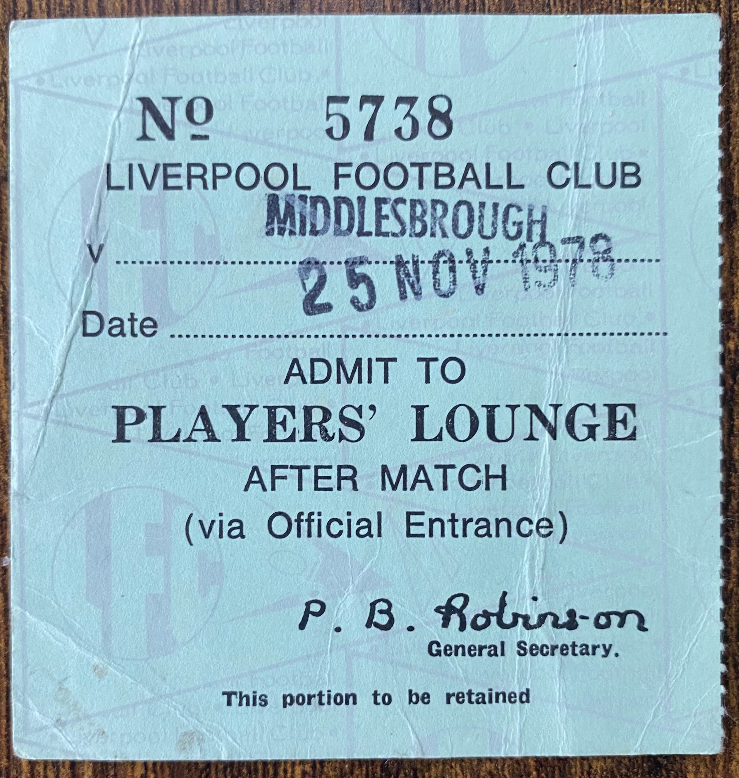 1978/79 ORIGINAL PLAYERS LOUNGE TICKET LIVERPOOL V MIDDLESBROUGH