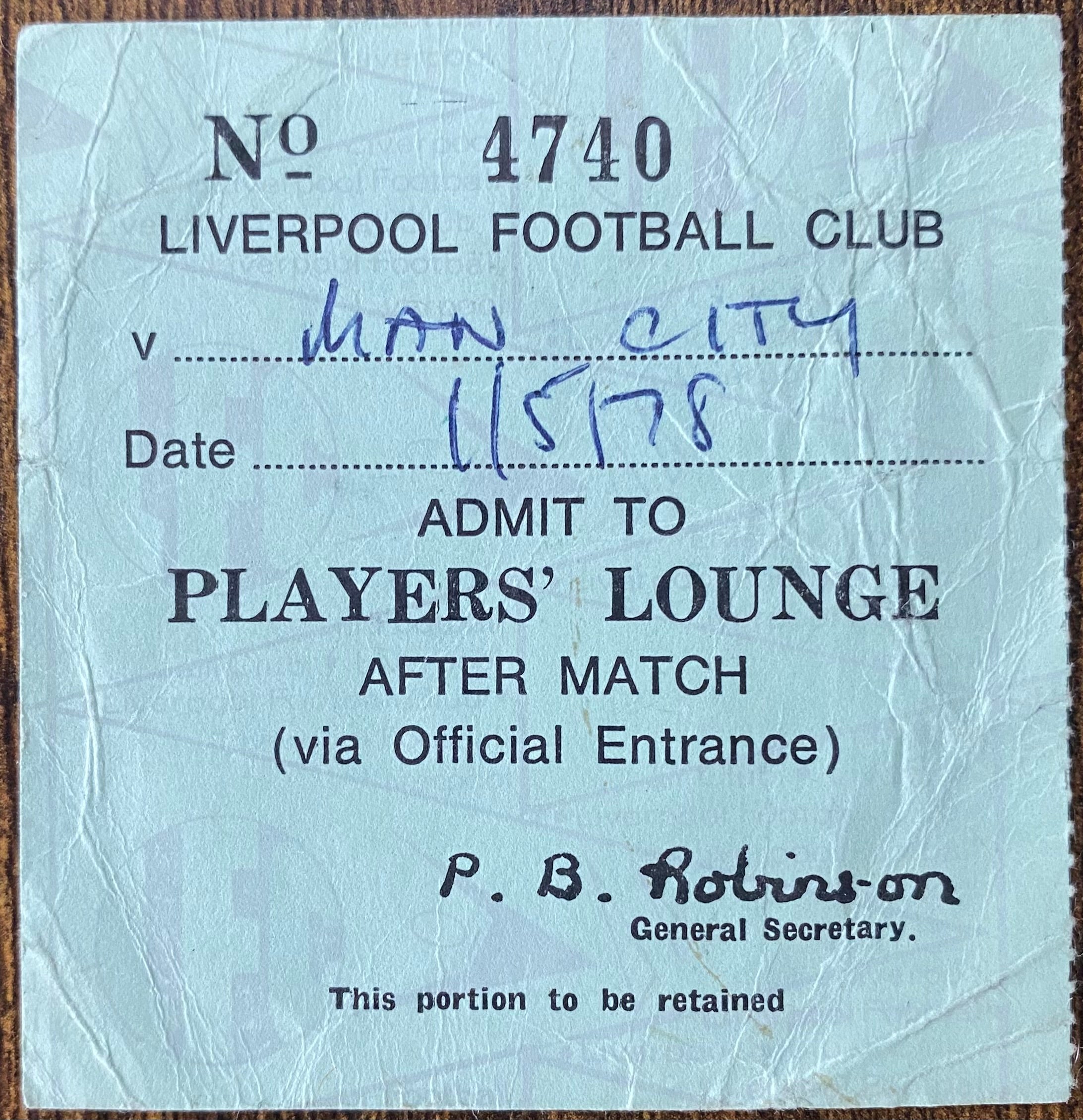 1977/78 ORIGINAL PLAYERS LOUNGE TICKET LIVERPOOL V MANCHESTER CITY
