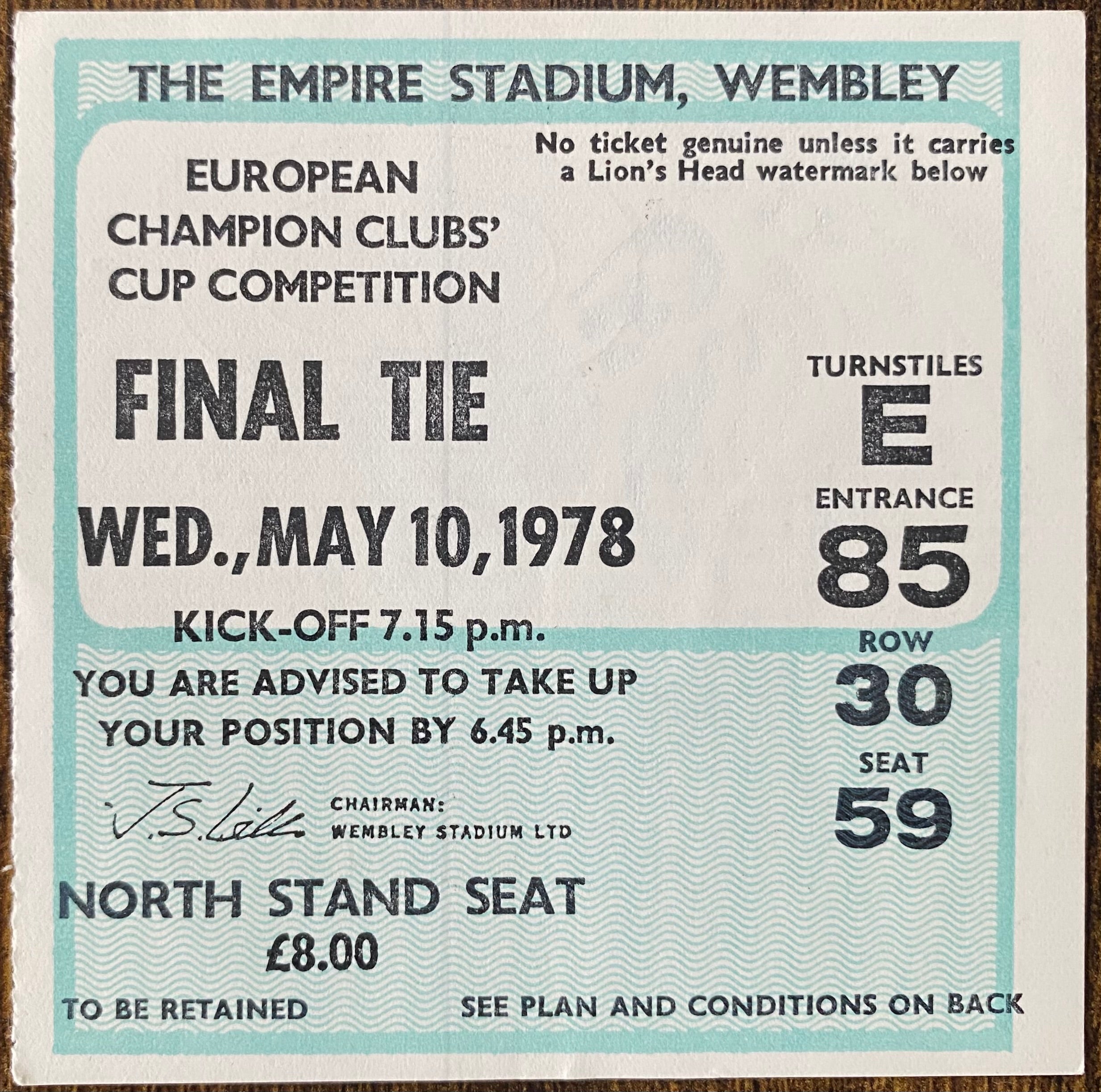 1978 ORIGINAL EUROPEAN CUP FINAL TICKET LIVERPOOL V FC BRUGES @ WEMBLEY
