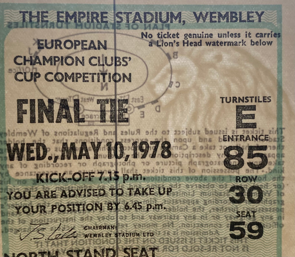 1978 ORIGINAL EUROPEAN CUP FINAL TICKET LIVERPOOL V FC BRUGES @ WEMBLEY