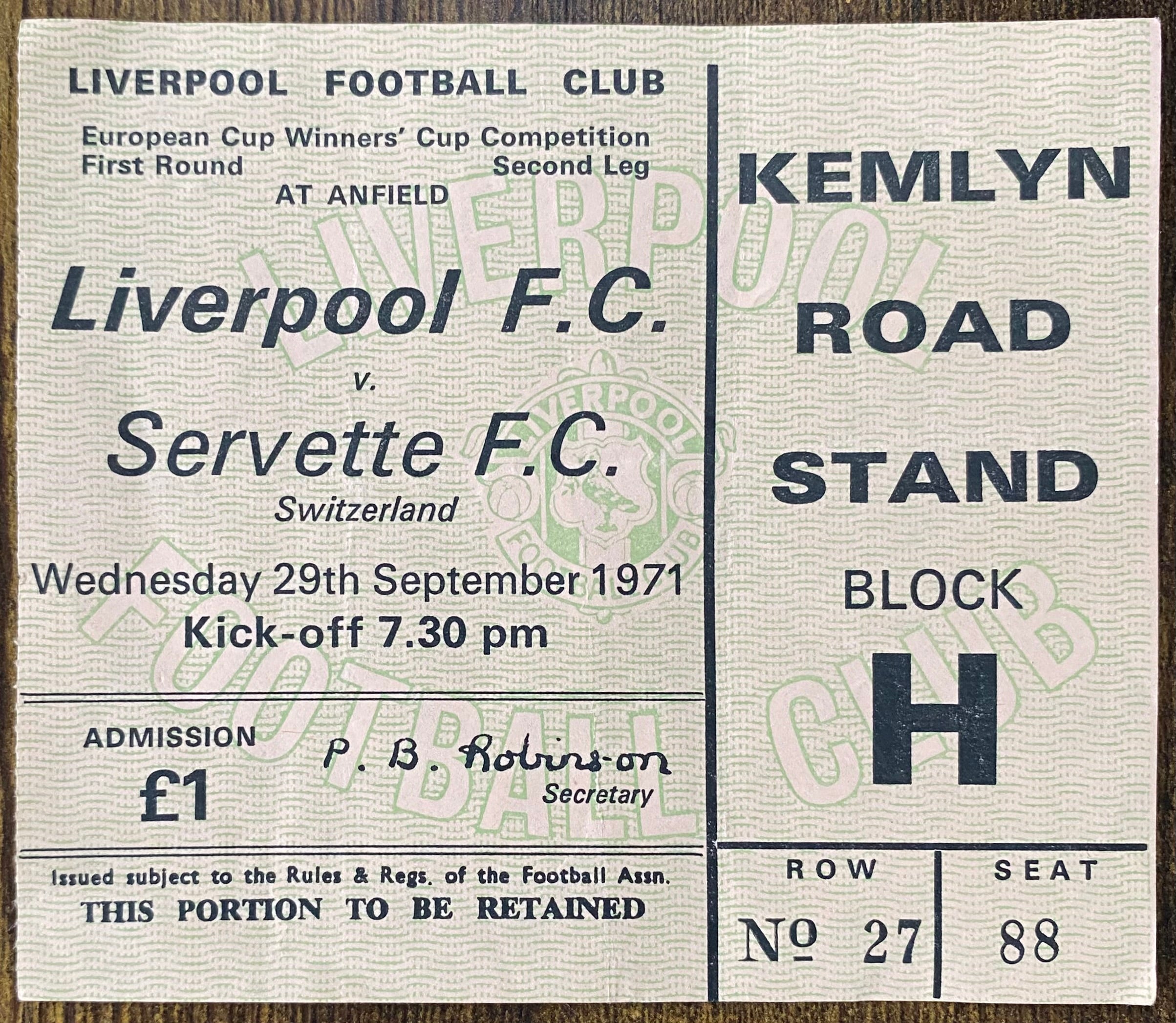 1971/72 ORIGINAL EUROPEAN CUP WINNERS CUP 1ST ROUND 2ND LEG TICKET LIVERPOOL V SERVETTE FC