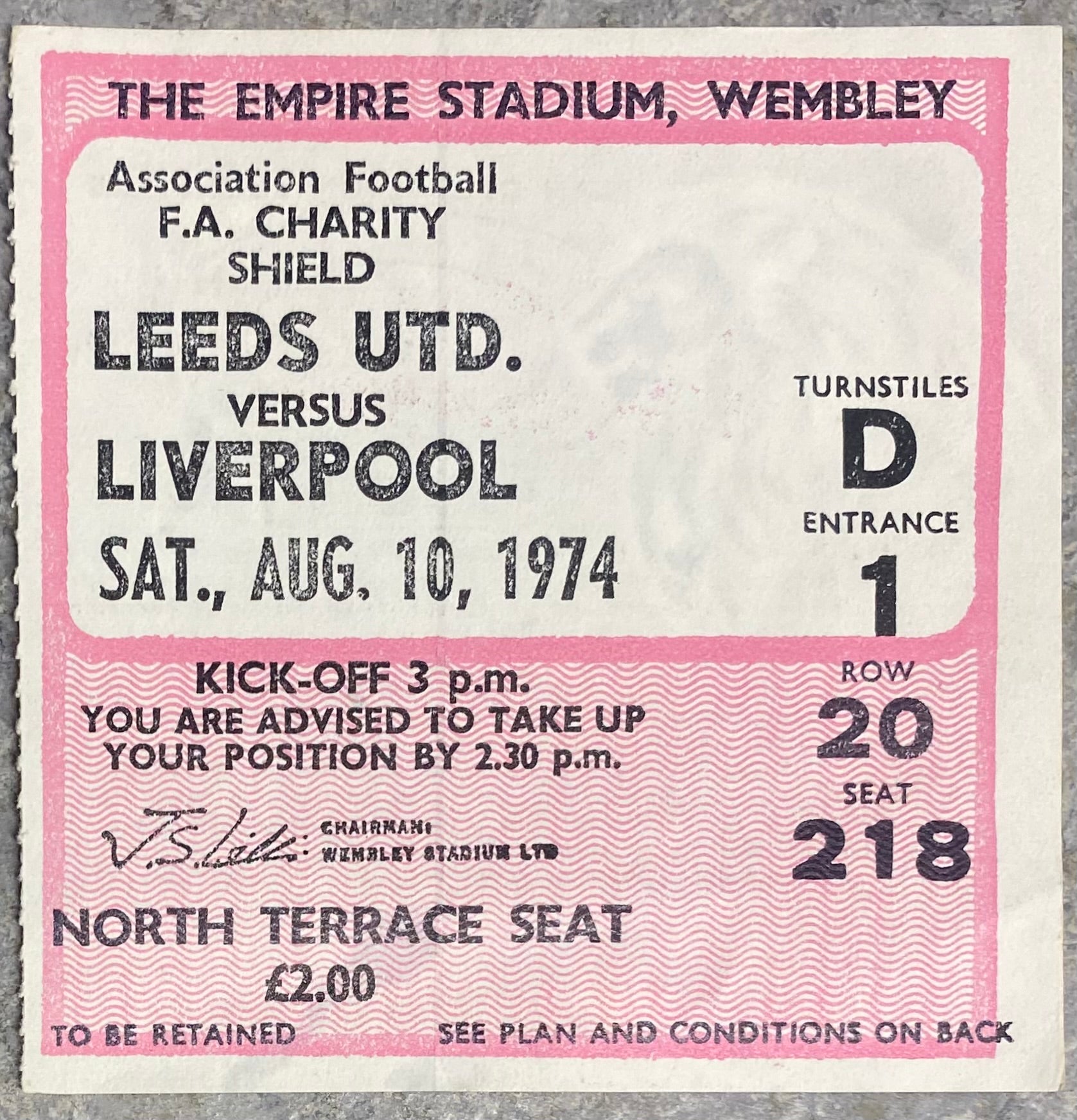 1974 ORIGINAL CHARITY SHIELD TICKET LIVERPOOL V LEEDS UNITED
