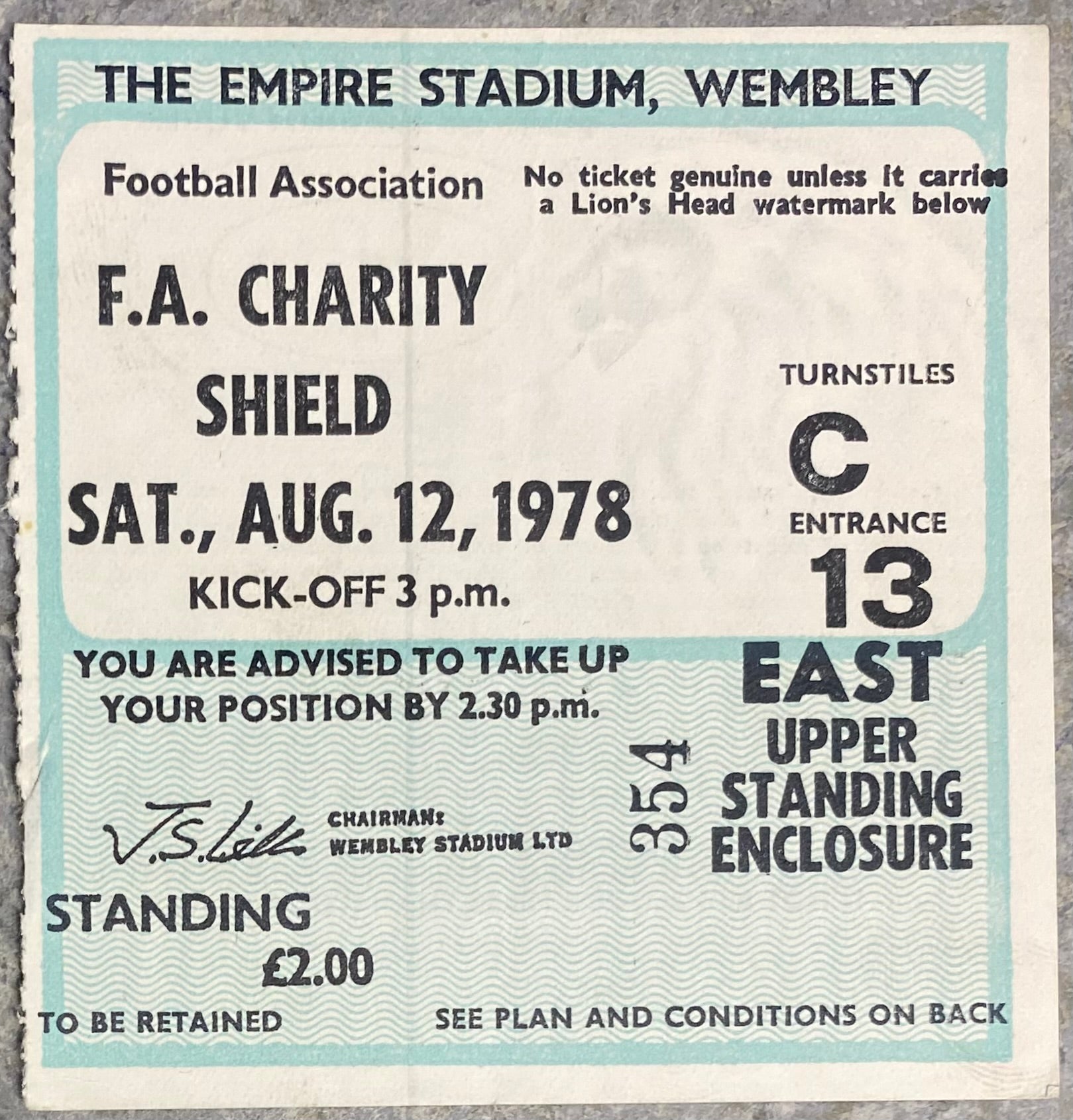 1978 ORIGINAL CHARITY SHIELD TICKET IPSWICH TOWN V NOTTINGHAM FOREST