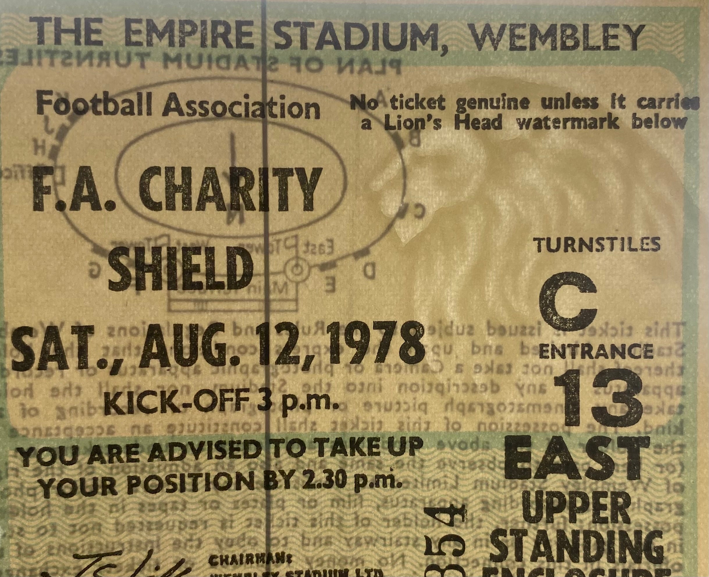 1978 ORIGINAL CHARITY SHIELD TICKET IPSWICH TOWN V NOTTINGHAM FOREST
