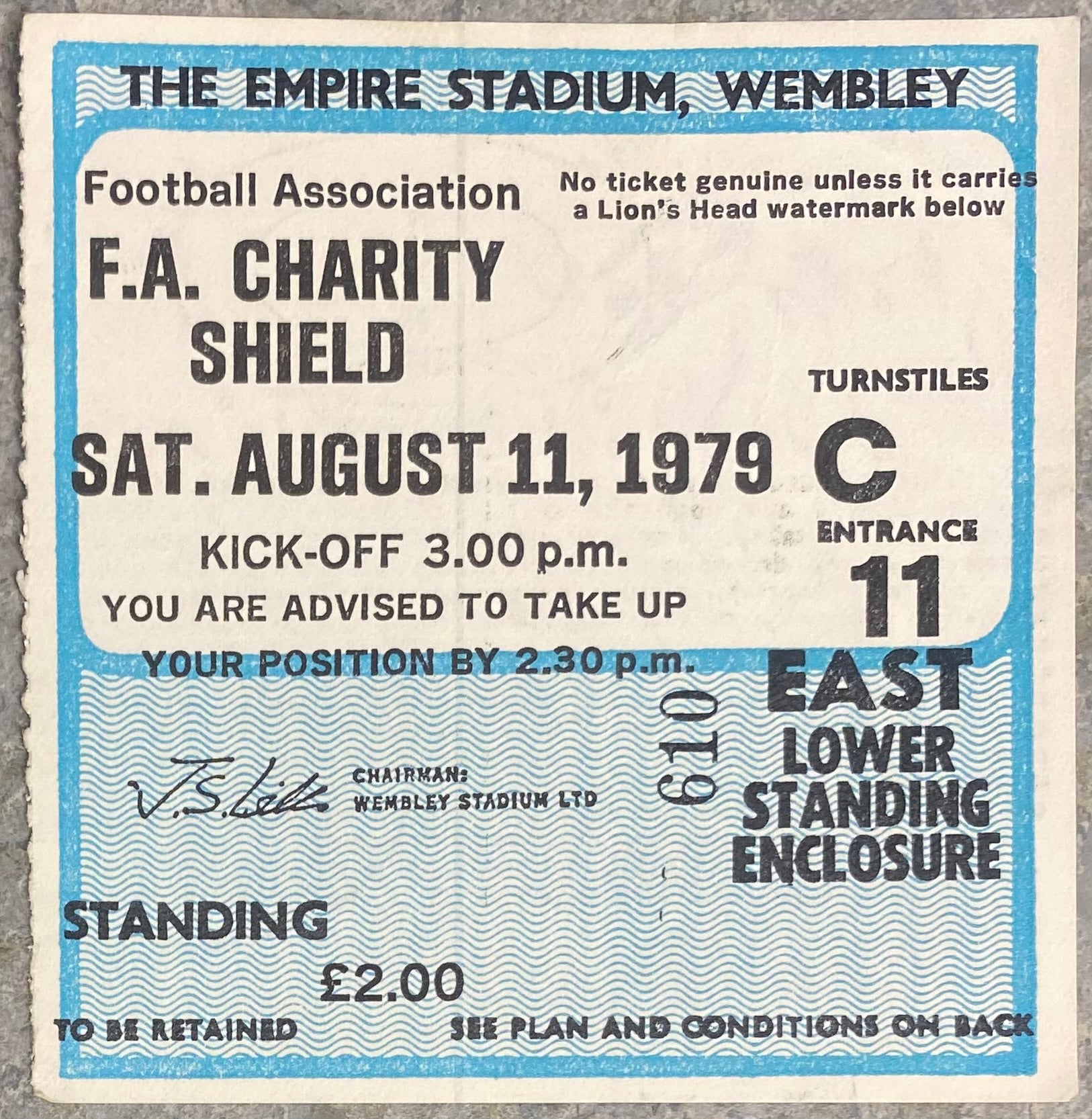 1979 ORIGINAL CHARITY SHIELD TICKET LIVERPOOL V ARSENAL