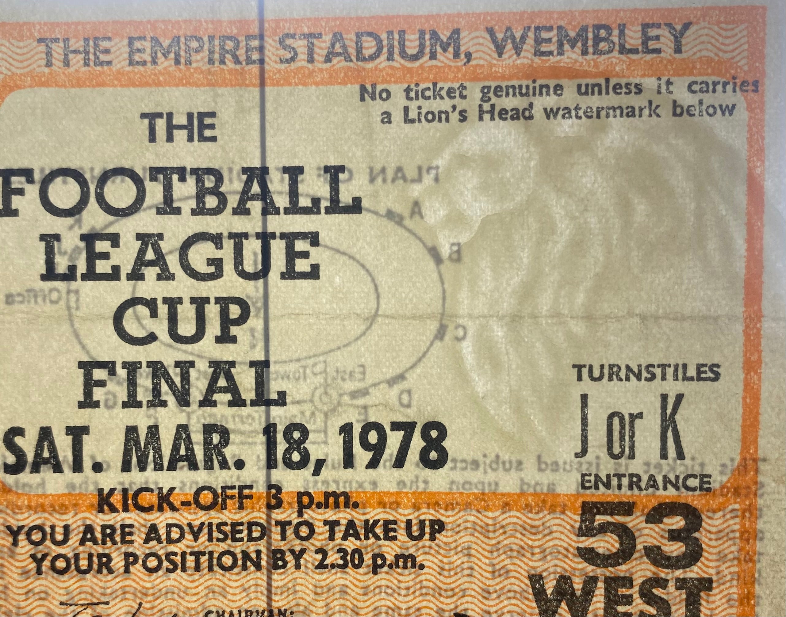 1978 ORIGINAL LEAGUE CUP FINAL TICKET LIVERPOOL V NOTTINGHAM FOREST