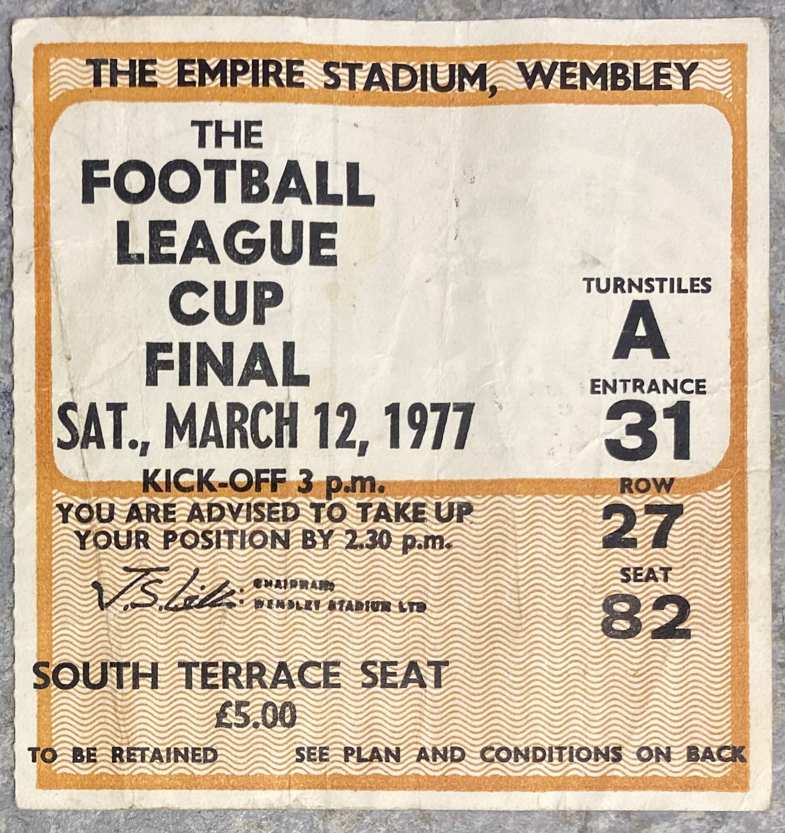 1977 ORIGINAL LEAGUE CUP FINAL TICKET ASTON VILLA V EVERTON