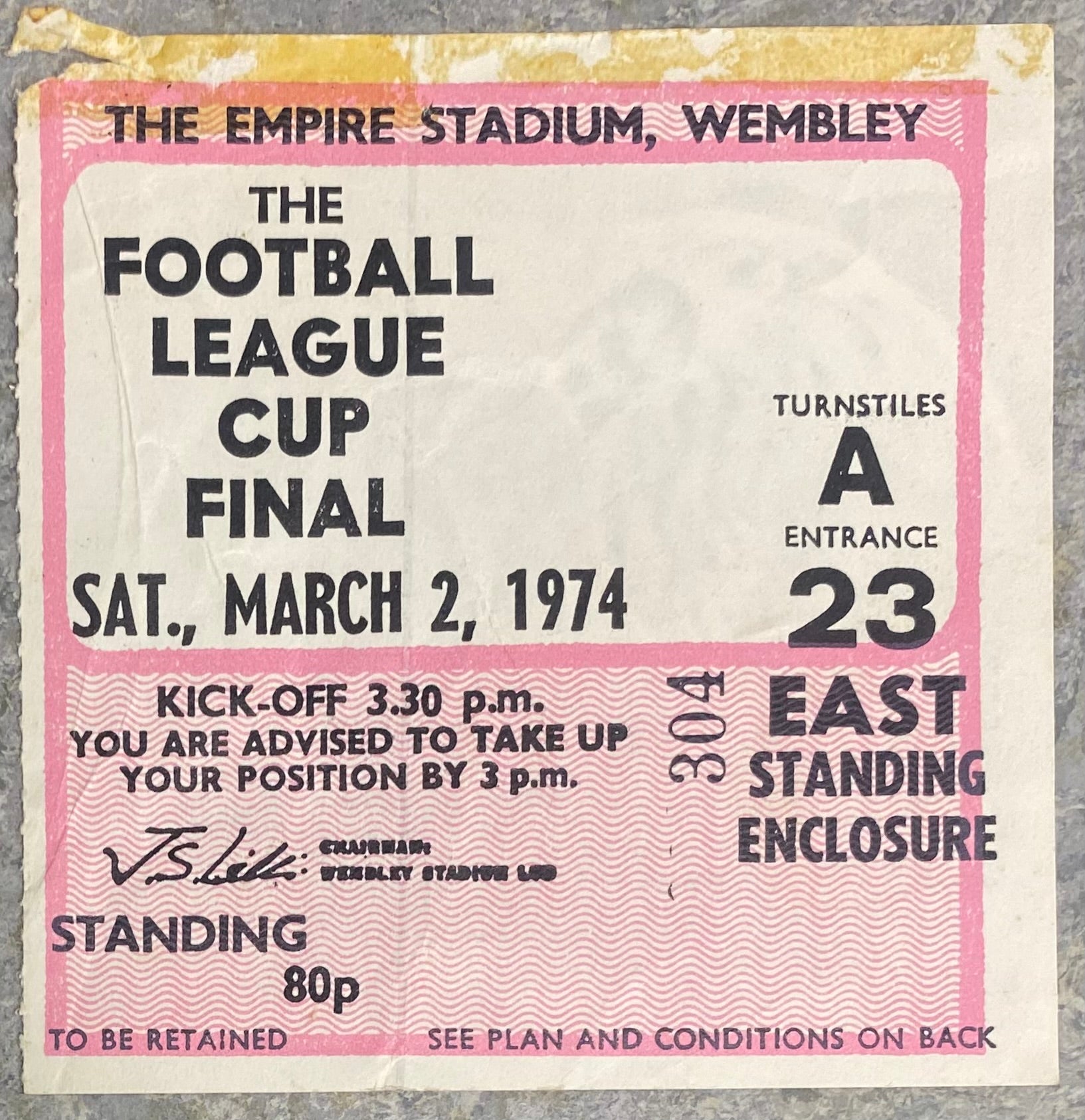 1974 ORIGINAL LEAGUE CUP FINAL TICKET MANCHESTER CITY V WOLVERHAMPTON WANDERERS