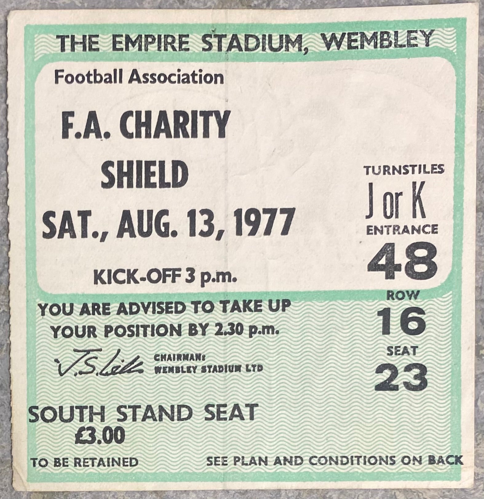 1977 ORIGINAL CHARITY SHIELD TICKET LIVERPOOL V MANCHESTER UNITED
