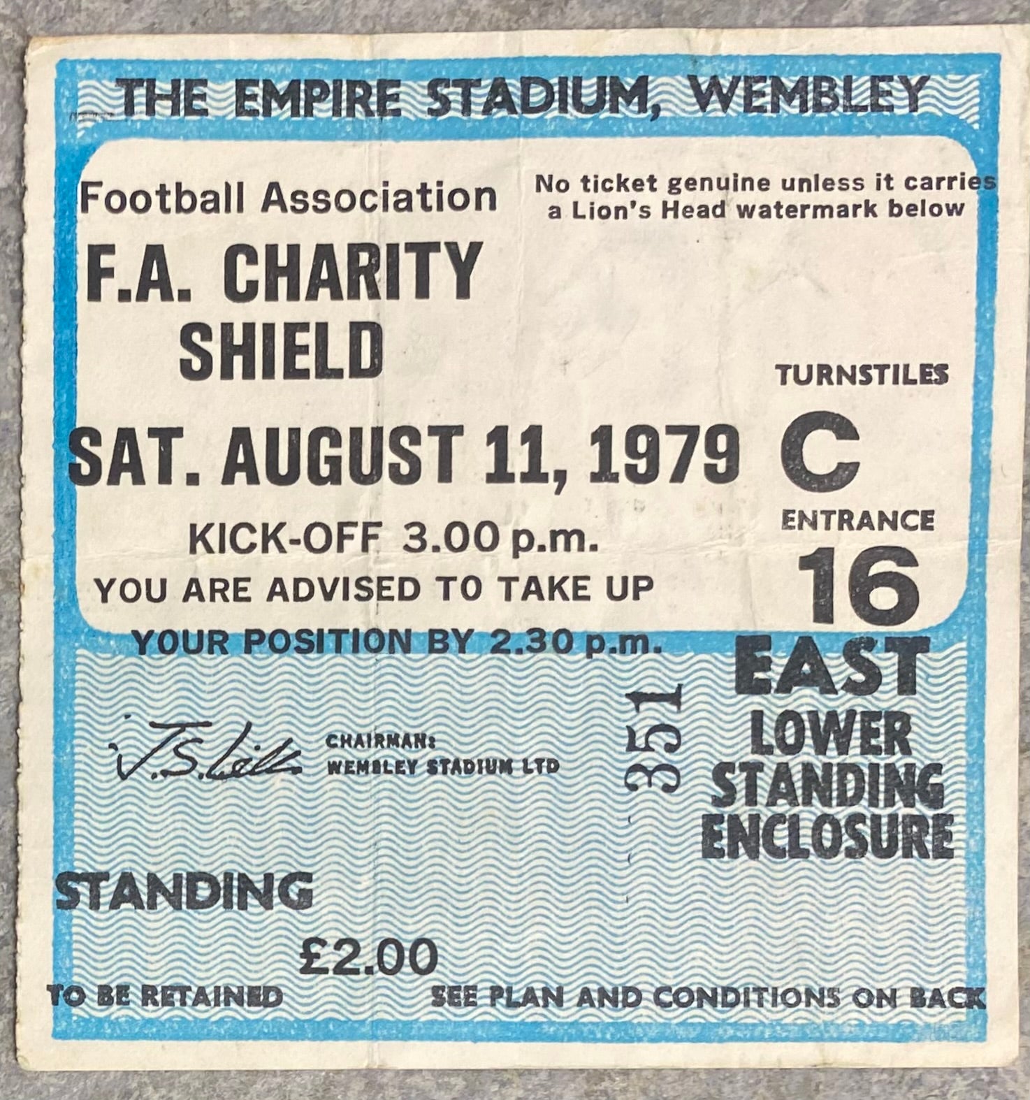 1979 ORIGINAL CHARITY SHIELD TICKET LIVERPOOL V ARSENAL