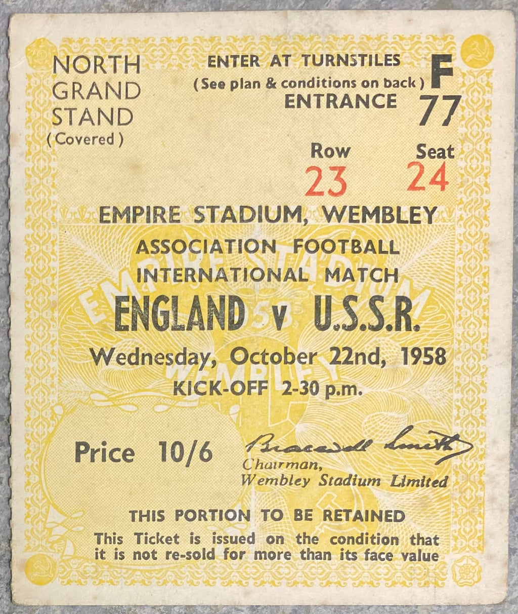 1958 ORIGINAL INTERNATIONAL TICKET ENGLAND V SOVIET UNION