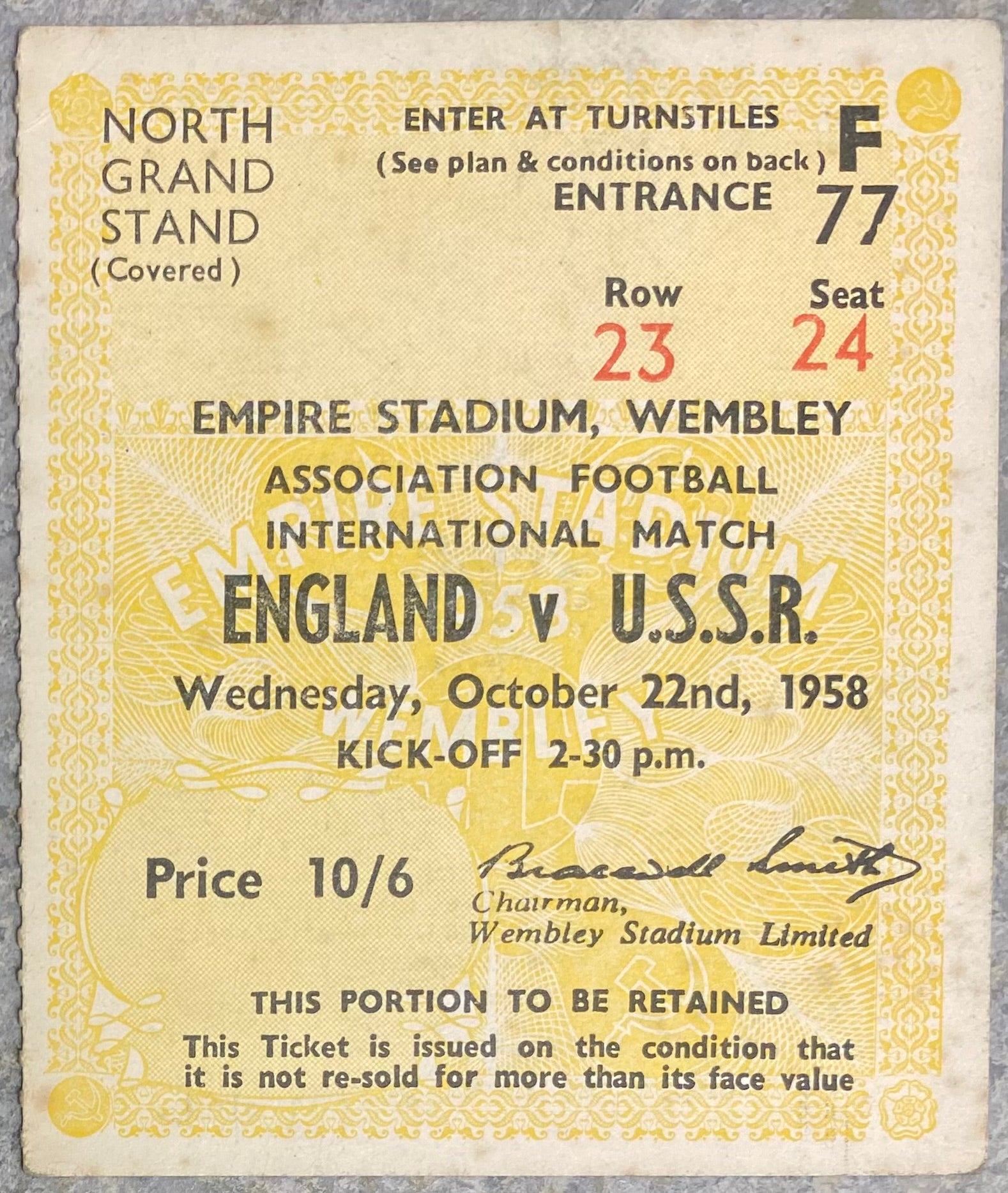 1958 ORIGINAL INTERNATIONAL TICKET ENGLAND V SOVIET UNION