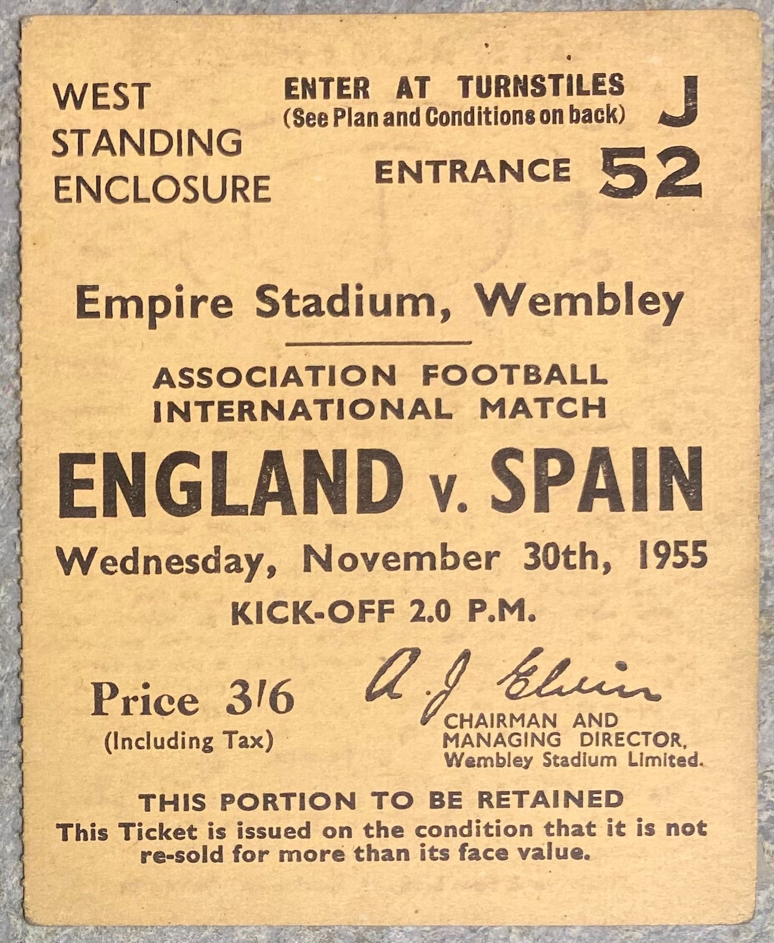 1955 ORIGINAL INTERNATIONAL TICKET ENGLAND V SPAIN