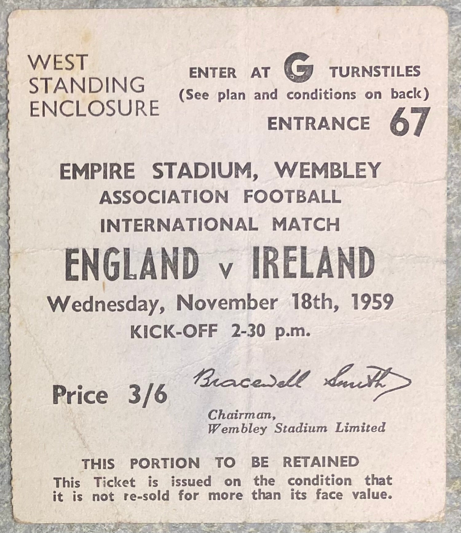 1959 ORIGINAL INTERNATIONAL TICKET ENGLAND V IRELAND