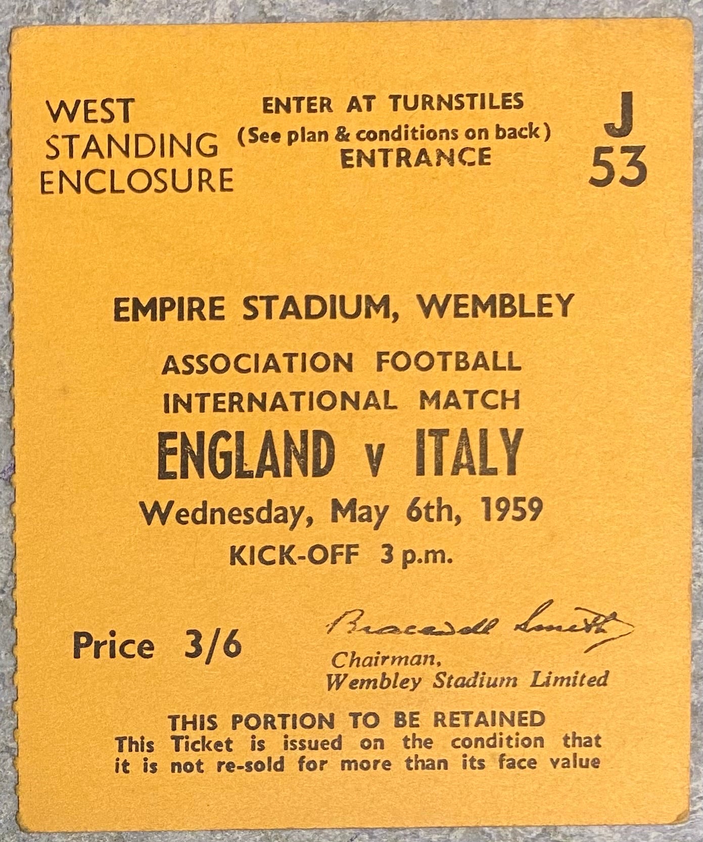 1959 ORIGINAL INTERNATIONAL TICKET ENGLAND V ITALY