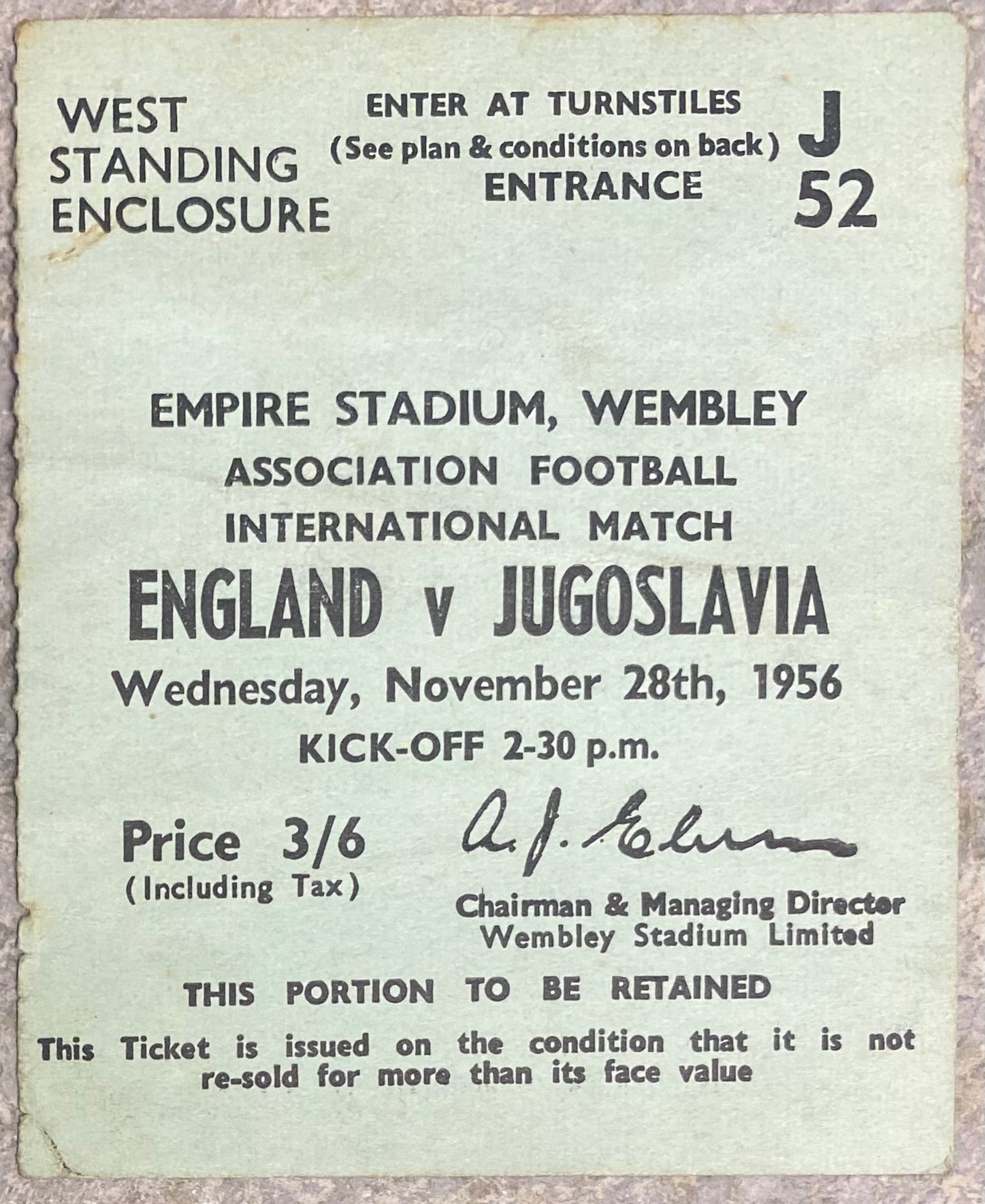1956 ORIGINAL INTERNATIONAL TICKET ENGLAND V YUGOSLAVIA