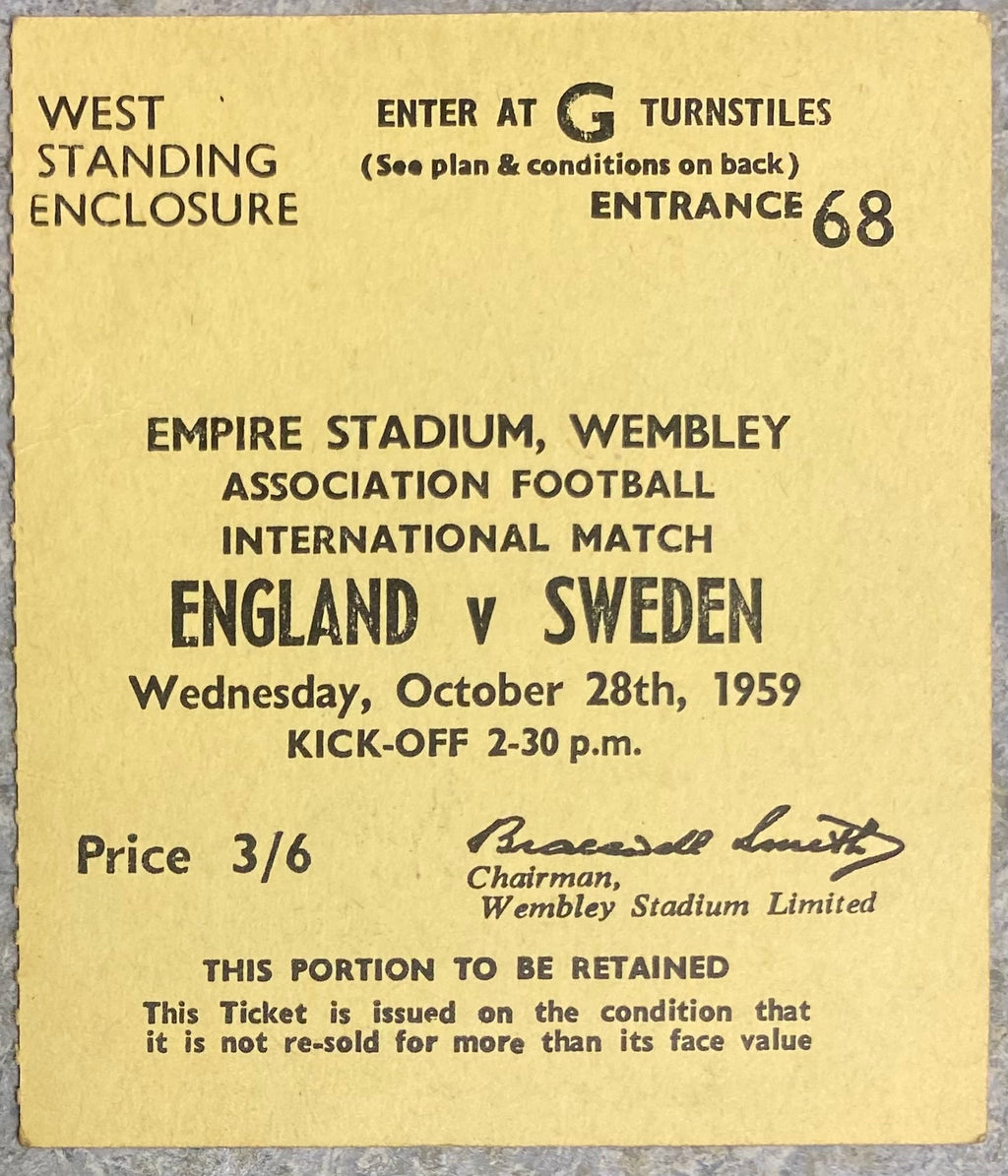 1959 ORIGINAL INTERNATIONAL TICKET ENGLAND V SWEDEN