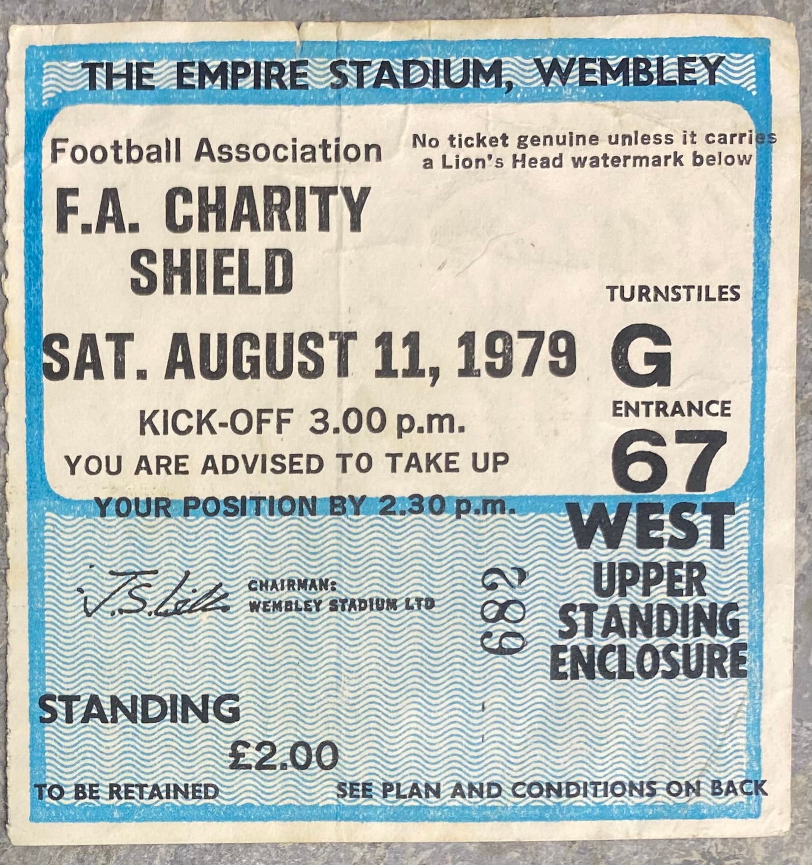 1979 ORIGINAL CHARITY SHIELD TICKET LIVERPOOL V ARSENAL