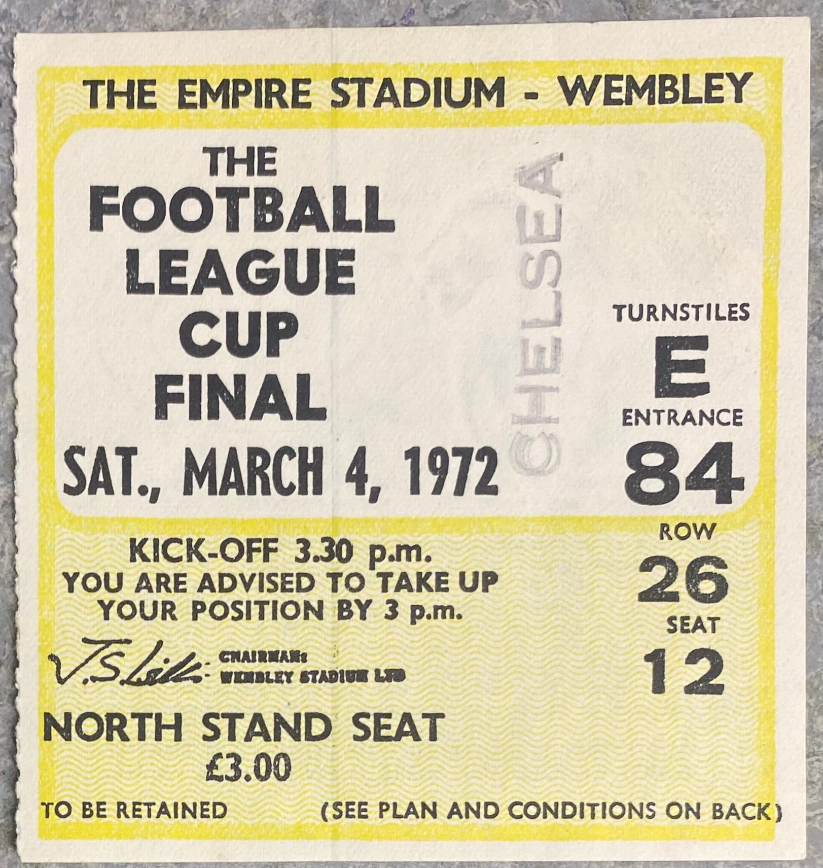 1972 ORIGINAL LEAGUE CUP FINAL TICKET CHELSEA V STOKE CITY