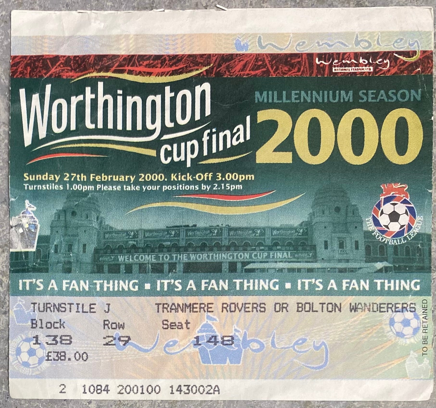 2000 ORIGINAL WORTHINGTON CUP FINAL TICKET LEICESTER CITY V TRANMERE ROVERS