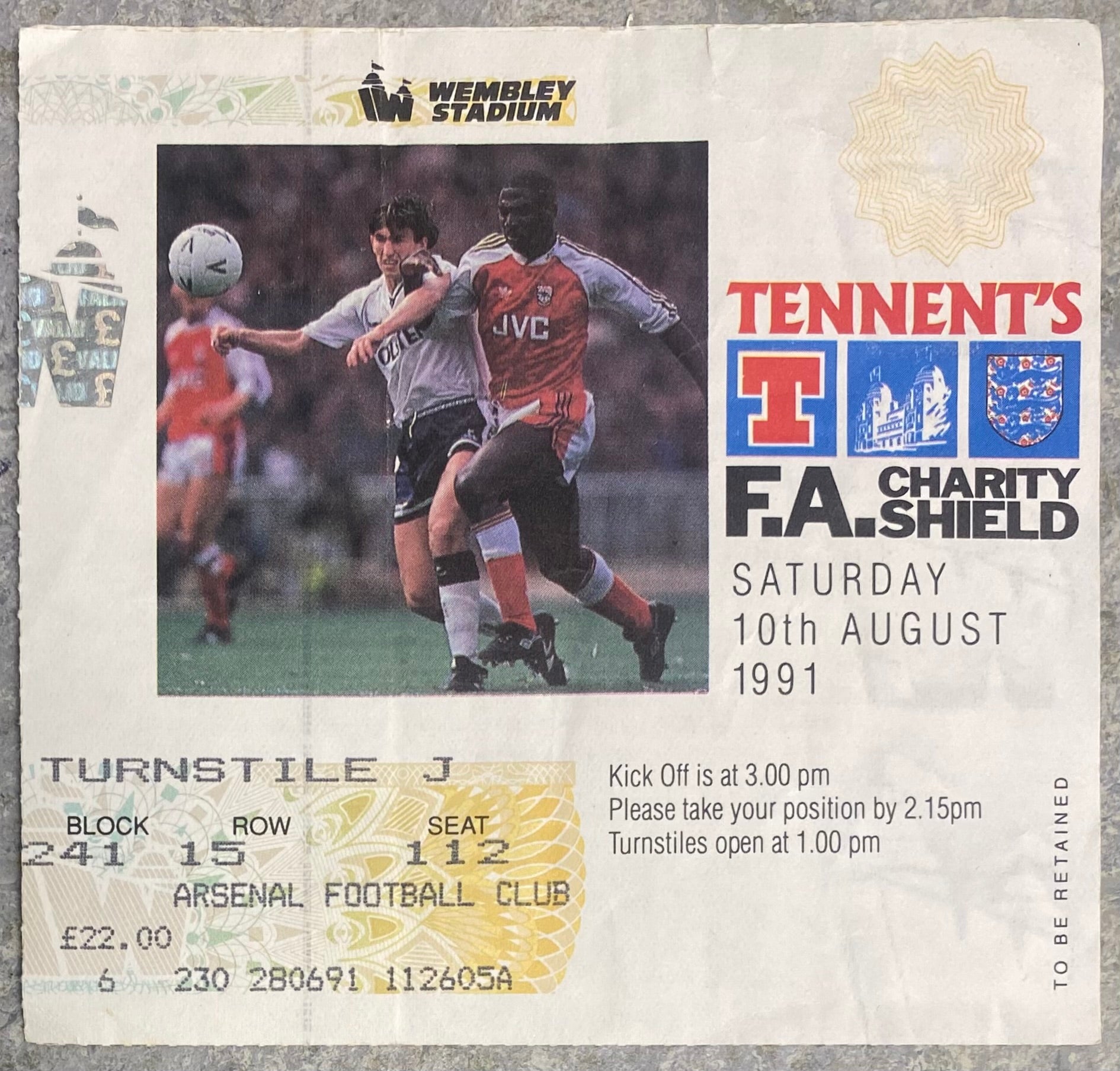 1991 ORIGINAL CHARITY SHIELD TICKET ARSENAL V TOTTENHAM HOTSPUR