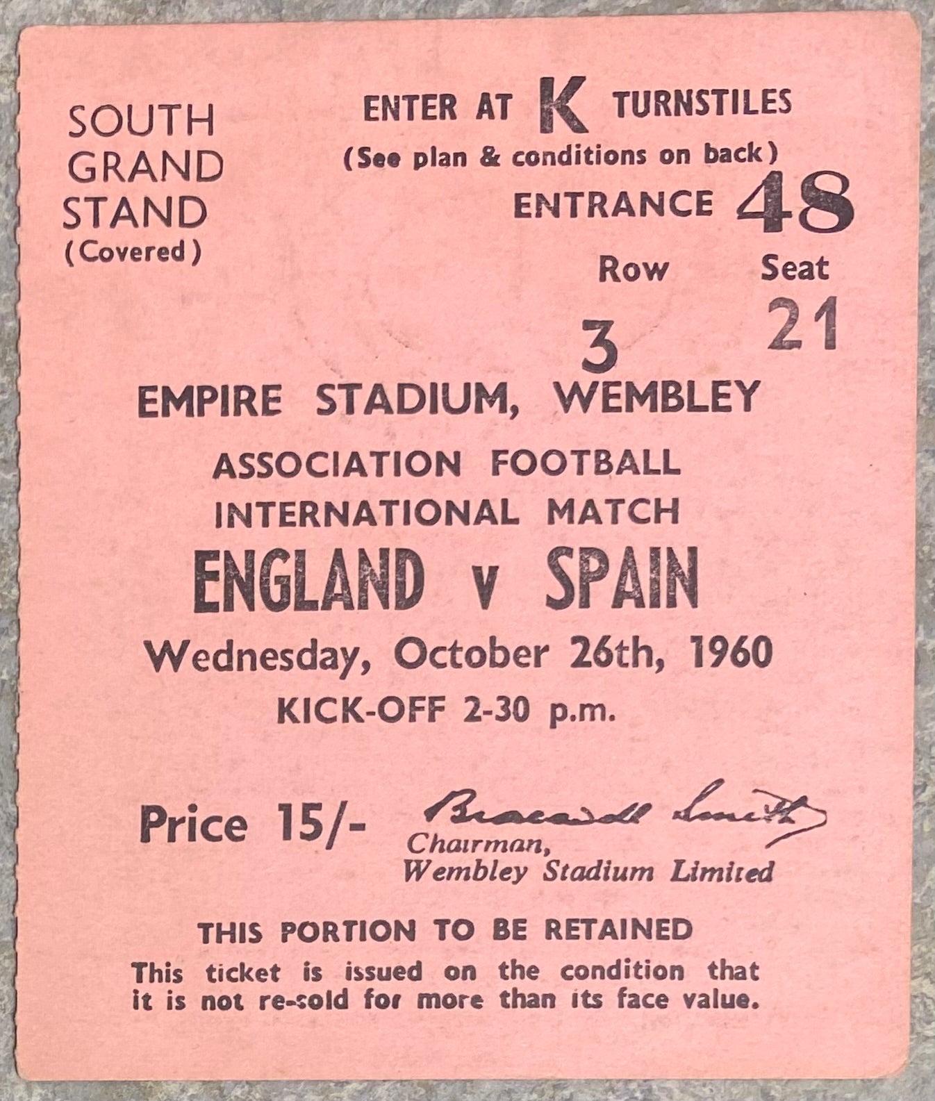 1960 ORIGINAL INTERNATIONAL TICKET ENGLAND V SPAIN