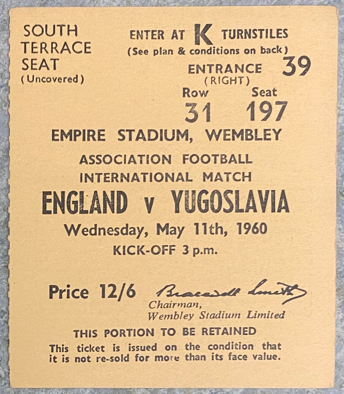 1960 ORIGINAL INTERNATIONAL TICKET ENGLAND V YUGOSLAVIA