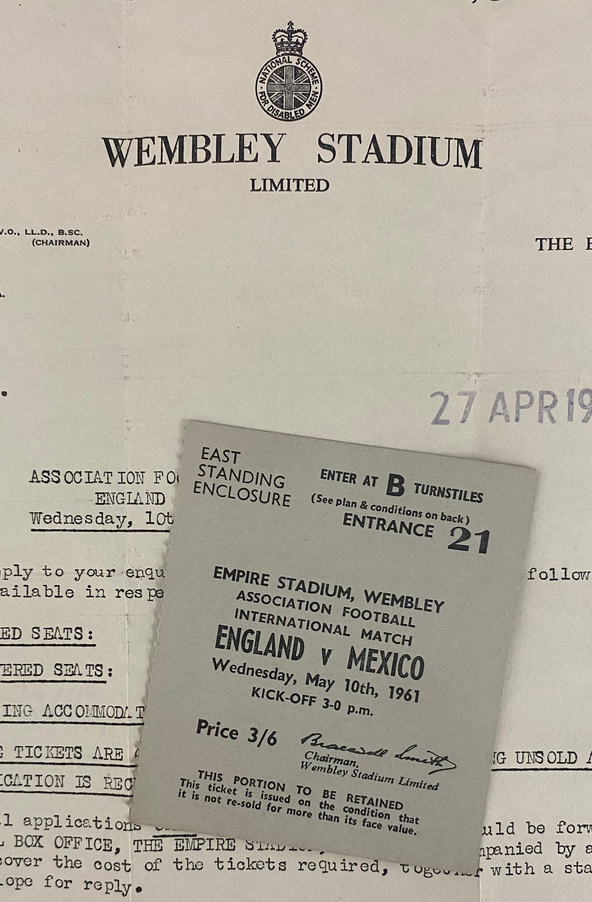 1961 ORIGINAL INTERNATIONAL TICKET ENGLAND V MEXICO (AND LETTER)