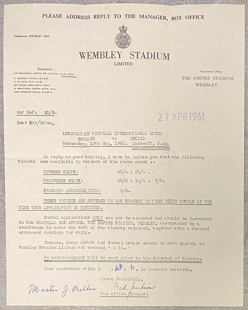 1961 ORIGINAL INTERNATIONAL TICKET ENGLAND V MEXICO (AND LETTER)