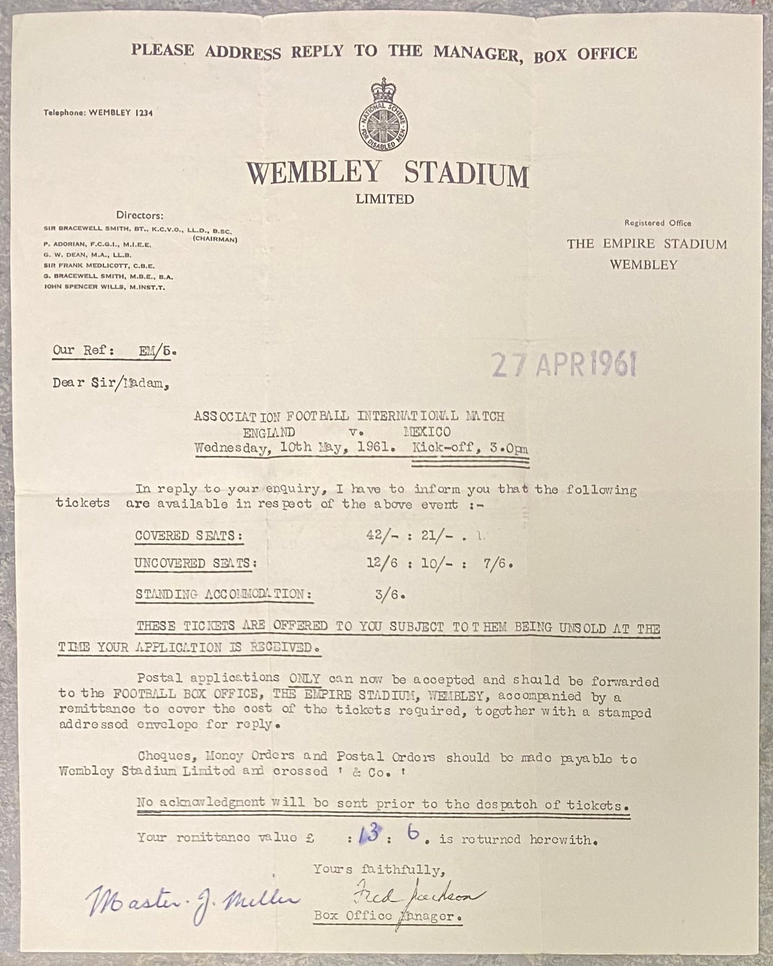 1961 ORIGINAL INTERNATIONAL TICKET ENGLAND V MEXICO (AND LETTER)
