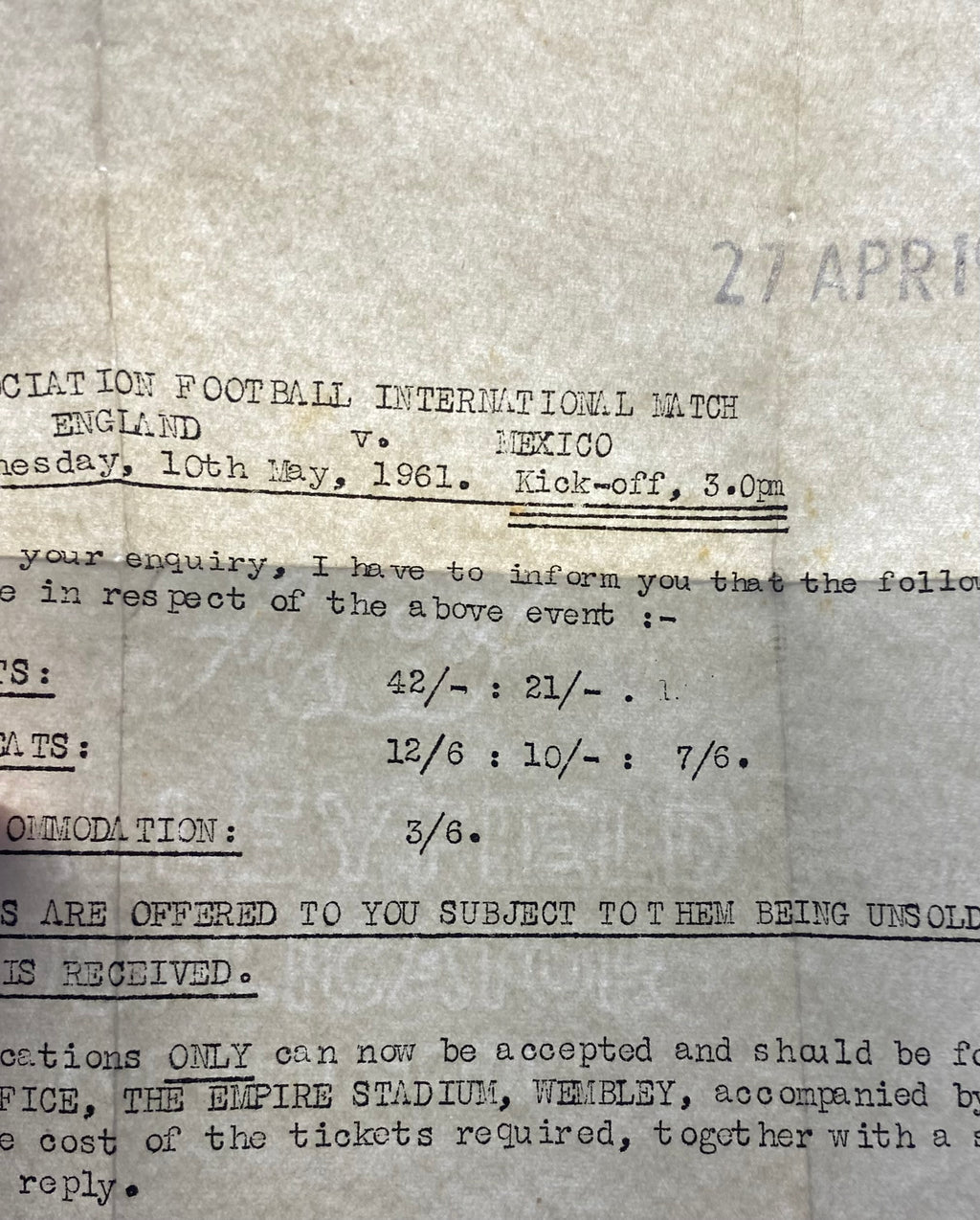 1961 ORIGINAL INTERNATIONAL TICKET ENGLAND V MEXICO (AND LETTER)