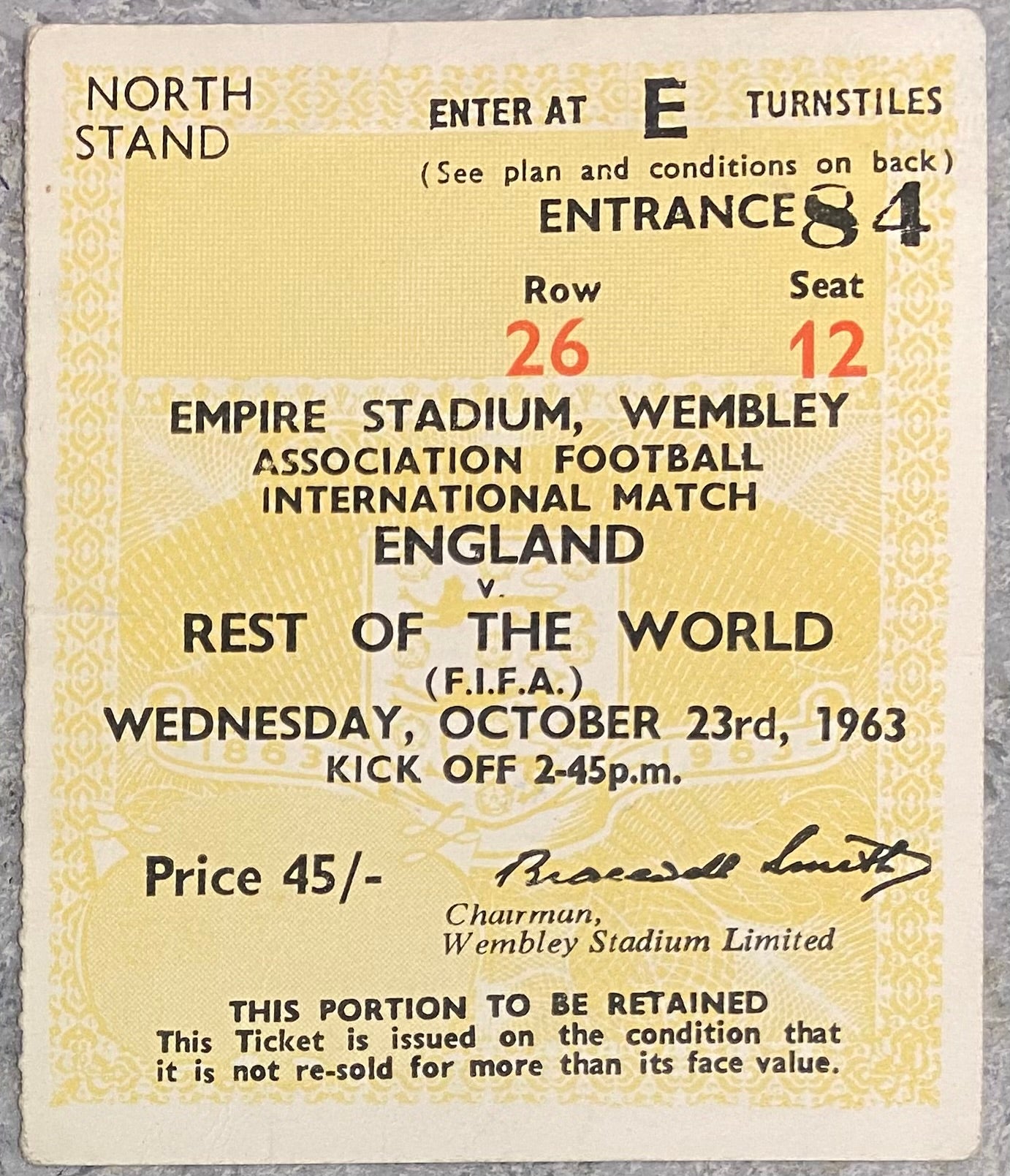 1963 ORIGINAL INTERNATIONAL TICKET ENGLAND V REST OF THE WORLD