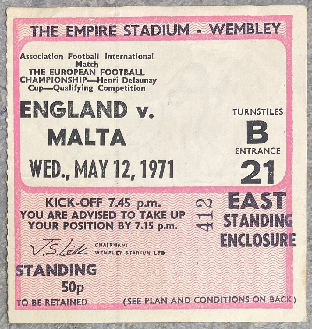1971 ORIGINAL EUROPEAN CHAMPIONSHIPS QUALIFYING TICKET ENGLAND V MALTA