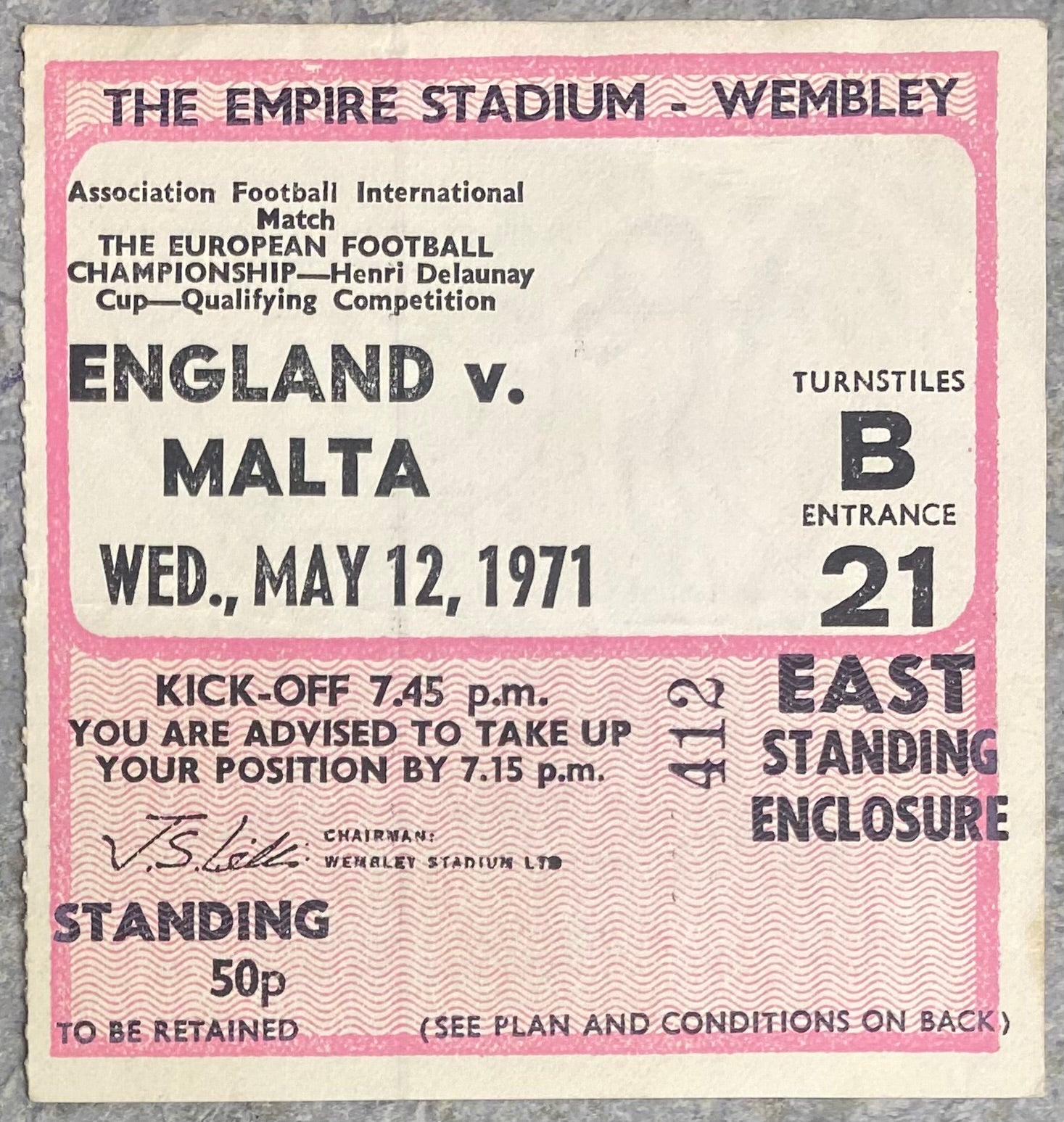 1971 ORIGINAL EUROPEAN CHAMPIONSHIPS QUALIFYING TICKET ENGLAND V MALTA
