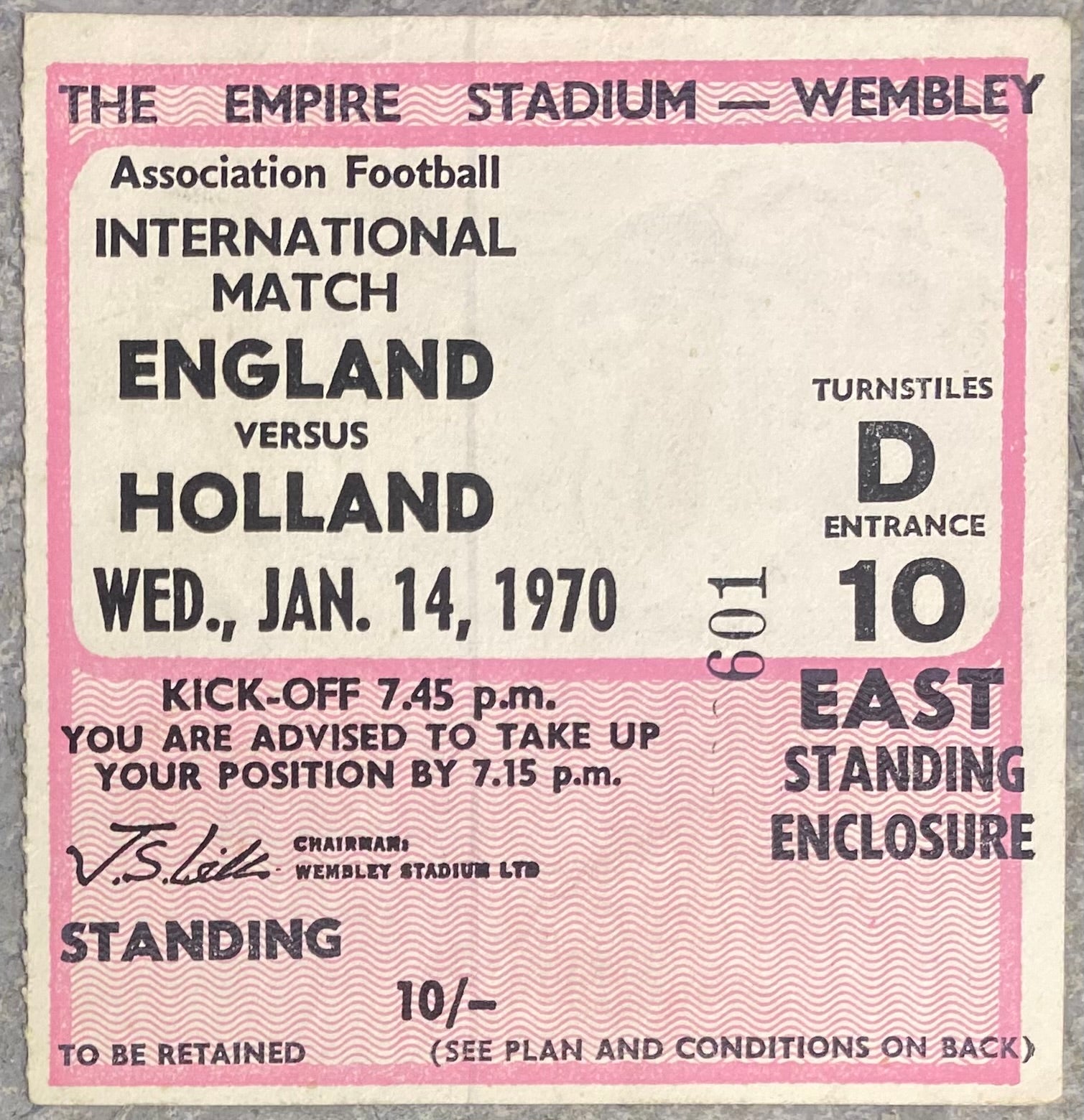 1970 ORIGINAL INTERNATIONAL TICKET ENGLAND V NETHERLANDS
